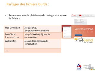 Partager des fichiers lourds :
• Autres solutions de plateforme de partage temporaire
de fichiers
Free Download Jusqu’à 1Go,
30 jours de conservation
DropCloud
fr.wesend.com
Jusqu’à 100 Mo, 7 jours de
conservation
Wetransfer Jusqu’à 1Go, 30 jours de
conservation
…….
 