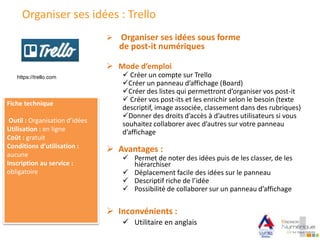 Organiser ses idées : Trello
 Mode d’emploi
 Créer un compte sur Trello
Créer un panneau d’affichage (Board)
Créer des listes qui permettront d’organiser vos post-it
 Créer vos post-its et les enrichir selon le besoin (texte
descriptif, image associée, classement dans des rubriques)
Donner des droits d’accès à d’autres utilisateurs si vous
souhaitez collaborer avec d’autres sur votre panneau
d’affichage
 Organiser ses idées sous forme
de post-it numériques
Fiche technique
Outil : Organisation d’idées
Utilisation : en ligne
Coût : gratuit
Conditions d’utilisation :
aucune
Inscription au service :
obligatoire
 Avantages :
 Permet de noter des idées puis de les classer, de les
hiérarchiser
 Déplacement facile des idées sur le panneau
 Descriptif riche de l’idée
 Possibilité de collaborer sur un panneau d’affichage
 Inconvénients :
 Utilitaire en anglais
https://trello.com
 