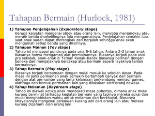 Tahapan Bermain (Hurlock, 1981)
1) Tahapan Penjelajahan (Exploratory stage)
Berupa kegiatan mengenai objek atau orang lain, mencoba menjangkau atau
meraih benda disekelilingnya lalu mengamatinya. Penjelajahan semakin luas
saat anak sudah dapat merangkak dan berjalan sehingga anak akan
mengamati setiap benda yang diraihnya.
2) Tahapan Mainan (Toy stage)
Tahap ini mencapai puncknya pada usia 5-6 tahun. Antara 2-3 tahun anak
biasanya hanya mengamati alat permainannya. Biasanya terjadi pada usia
pra sekolah, anak-anak di Taman Kanak-Kanak biasanya bermain dengan
boneka dan mengajaknya bercakap atau bermain seperti layaknya teman
bermainnya.
3) Tahap Bermain (Play stage)
Biasanya terjadi bersamaan dengan mulai masuk ke sekolah dasar. Pada
masa ini jenis permainan anak semakin bertambah banyak dan bermain
dengan alat permainan yang lama kelamaan berkembang menjadi games,
olahraga dan bentuk permainan lain yang dilakukan oleh orang dewasa.
4) Tahap Melamun (Daydream stage)
Tahap ini diawali ketika anak mendekati masa pubertas, dimana anak mulai
kurang berminat terhadap kegiatan bermain yang tadinya mereka sukai dan
mulai menghabiskan waktu untuk melamun dan berkhayal. Biasanya
khayalannya mengenai perlakuan kurang adil dari orang lain atau merasa
kurang dipahami oleh orang lain.
 