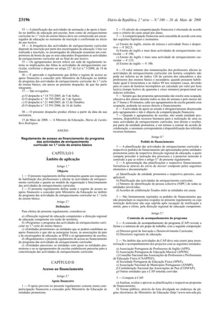 23196 Diário da República, 2.ª série — N.º 100 — 26 de Maio de 2008
33 — A planificação das actividades de animação e de apoio à famí-
lia no âmbito da educação pré-escolar, bem como de enriquecimento
curricular no 1.º ciclo do ensino básico deve ser comunicada aos encar-
regados de educação no momento da inscrição e confirmada no início
do ano lectivo.
34 — A frequência das actividades de enriquecimento curricular
depende da inscrição por parte dos encarregados de educação. Uma vez
realizada a inscrição, os encarregados de educação assumem um com-
promisso de honra de que os seus educandos frequentam as actividades
de enriquecimento curricular até ao final do ano lectivo.
35 — Os agrupamentos devem referir em sede de regulamento in-
terno as implicações das faltas às actividades de enriquecimento cur-
ricular, conforme o disposto no artigo 22.º da Lei n.º 3/2008, de 18 de
Janeiro.
36 — É aprovado o regulamento que define o regime de acesso ao
apoio financeiro a conceder pelo Ministério da Educação no âmbito
do programa das actividades de enriquecimento curricular do 1.º ciclo
do ensino básico, em anexo ao presente despacho, de que faz parte
integrante.
37 — São revogados:
a) O despacho n.º 14 753/2005, de 5 de Julho;
b) O despacho n.º 16 795/2005, de 3 de Agosto;
c) O despacho n.º 21 440/2005, de 12 de Outubro;
d) O despacho n.º 12 591/2006, de 16 de Junho.
38 — O presente despacho produz efeitos a partir da data da sua
assinatura.
15 de Maio de 2008. — A Ministra da Educação, Maria de Lurdes
Reis Rodrigues.
ANEXO
Regulamento de acesso ao financiamento do programa
das actividades de enriquecimento
curricular no 1.º ciclo do ensino básico
CAPÍTULO I
Âmbito de aplicação
Artigo 1.º
Objecto
1 — O presente regulamento define orientações quanto aos requisitos
de habilitação dos profissionais a afectar às actividades de enriqueci-
mento curricular e quanto ao modelo de organização e funcionamento
das actividades de enriquecimento curricular.
2 — O presente regulamento define ainda o regime de acesso ao
apoio financeiro a conceder pelo Ministério da Educação no âmbito
do programa das actividades de enriquecimento curricular no 1.º ciclo
do ensino básico.
Artigo 2.º
Definições
Para efeitos do presente regulamento, considera-se:
a) «Direcção regional de educação competente» a direcção regional
de educação competente em razão do território;
b) «Programa» o programa das actividades de enriquecimento curri-
cular no 1.º ciclo do ensino básico;
c) «Entidades promotoras» as entidades que se podem candidatar ao
apoio financeiro e que são as autarquias locais, as associações de pais
e de encarregados de educação, as IPSS e os agrupamentos de escolas;
d) «Regulamento» o presente regulamento de acesso ao financiamento
do programa das actividades de enriquecimento curricular;
e) «Entidades parceiras» as entidades com quem as entidades pro-
motoras e ou os agrupamentos de escolas estabelecem parcerias para a
concretização das actividades de enriquecimento curricular.
CAPÍTULO II
Acesso ao financiamento
Artigo 3.º
Apoio financeiro
1 — O apoio previsto no presente regulamento consiste numa com-
participação financeira a conceder pelo Ministério da Educação às
entidades promotoras.
2 — O cálculo da comparticipação financeira é efectuado de acordo
com o critério do custo anual por aluno.
3 — Acomparticipação financeira será concedida de acordo com uma
das seguintes hipóteses e montantes:
a) Ensino do inglês, ensino da música e actividade física e despor-
tiva — € 262,5;
b) Ensino do inglês e mais duas actividades de enriquecimento cur-
ricular — € 190;
c) Ensino do inglês e mais uma actividade de enriquecimento cur-
ricular — € 135;
d) Ensino do inglês — € 100.
4 — O valor mínimo das remunerações dos professores afectos às
actividades de enriquecimento curricular em horário completo não
pode ser inferior ao do índice 126 da carreira dos educadores e dos
professores dos ensinos básico e secundário, quando possuem habili-
tação igual à licenciatura e ao índice 89 nos restantes casos, devendo
para os casos de horários incompletos ser calculado um valor por hora
lectiva (tempo lectivo de quarenta e cinco minutos) proporcional aos
indicies referidos.
5 — Sempre que das propostas apresentadas não resulte uma ocupação
educativa dos alunos durante todos os dias da semana e pelo menos até
às 17 horas e 30 minutos, cabe aos agrupamentos de escola garantir essa
ocupação, podendo ter acesso directo a financiamento.
6 — A actividade de apoio ao estudo é obrigatoriamente dinamizada
pelo agrupamento e não é objecto de comparticipação financeira.
7 — Quando o agrupamento de escolas, não sendo entidade pro-
motora, disponibiliza recursos humanos para a realização de uma ou
mais actividades de enriquecimento curricular, tem direito a receber,
por parte da entidade promotora, e em termos a constar do acordo de
colaboração, o montante correspondente à disponibilização dos referidos
recursos humanos.
Artigo 4.º
Pedido de financiamento
1 — A planificação das actividades de enriquecimento curricular e
respectivos pedidos de financiamento são apresentados pelas entidades
promotoras junto da respectiva direcção regional de educação, a quem
compete proceder à instrução dos processos e à posterior remissão à
comissão a que se refere o artigo 5.º do presente regulamento.
2 — A apresentação das planificações e respectivo financiamento
formaliza-se através do envio de dossier composto pelos seguintes
elementos e documentação:
a) Identificação da entidade promotora e respectivo parceiro, caso
aplicável;
b) Planificação das actividades de enriquecimento curricular;
c) Número de identificação de pessoa colectiva (NIPC) de todas as
entidades envolvidas;
d) Acordos de colaboração fixados entre as entidades em causa.
3 — São liminarmente rejeitados os pedidos de financiamento que
não preencham os requisitos exigidos no presente regulamento ou cuja
instrução deficiente não seja suprida após recepção de notificação a
emitir, para o efeito, pela direcção regional de educação competente.
Artigo 5.º
Comissão de acompanhamento do programa
1 — A comissão de acompanhamento do programa (CAP) reveste a
forma e a natureza de um grupo de trabalho, com a seguinte composição:
a) Director-geral de Inovação e Desenvolvimento Curricular;
b) Directores regionais de educação.
2 — No âmbito das actividades da CAP deve esta reunir para moni-
torização e acompanhamento dos projectos com as seguintes entidades:
a) Associação Portuguesa de Professores de Inglês (APPI);
b) Associação Portuguesa de Educação Musical (APEM);
c) Conselho Nacional dasAssociações de Professores e Profissionais
de Educação Física (CNAPPEF);
d) Sociedade Portuguesa de Educação Física (SPEF);
e) Associação Nacional de Municípios Portugueses (ANMP);
f) Confederação Nacional das Associações de Pais (CONFAP);
g) Outras entidades que a CAP entenda convidar.
3 — Compete à CAP:
a)Analisar, avaliar e aprovar as planificações e respectivas propostas
de financiamento;
b) Tornar público, através de lista divulgada no endereço da pá-
gina electrónica do Ministério da Educação (http:www.min-edu.pt),
 