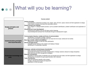 What will you be learning? Course content Design principles and process Design principles Characteristics of elements of design: line, shape, value, 3D form, space, texture and their application to design colour basics: mixtures of primary and secondary colours. Design process and methods basic stages in a design/creative process, such as problem identification, problem clarification and exploration of ideas. Visualising and visual development producing and reading of 2D and 3D plans and/or drawings visual development process from thumbnails through to development roughs. Communication principles and visual literacies Communication theories, models and forms of communication identification of purposes of design: personal forms of communication languages such as visual and non-visual, verbal and non-verbal. Meanings, society, culture and audience relationship of design to self and other participants Ethical and legal issues copyright issues relating to the creation and display of design identification of sustainable materials. Production knowledge and skills Processes, methods and techniques of production basic production processes and techniques appropriate terminology and formats of presentation of design solutions relevant to design disciplines basic planning and time management strategies. Materials of production properties of various types of materials such as recycled and man-made, and their application to design development of solutions through experimentation with materials. Tools of production tools and equipment specific to the context storage, use and care of tools and equipment application of OSH principles. 