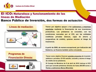 Tienen como objetivo financiar  grandes proyectos  de inversión públicos o privados. El ICO estudia, concede y asume el riesgo de crédito de los préstamos.  El Consejo de Ministros de 9 de abril de 2010 instruye al ICO para que conceda préstamos directos de hasta 200.000 euros a  Pymes y autónomos (Banca Minorista) . Líneas de mediación : Tienen por objetivo apoyar a los  autónomos y empresas españolas  mediante la financiación de sus inversiones productivas. Los préstamos se conceden, con las condiciones marcadas por el ICO, por las entidades crediticias privadas (bancos, cajas de ahorro y cooperativas de crédito), quienes asumen el riesgo de insolvencia. A partir de 2009, de manera excepcional, por indicación del Gobierno, se financia también activo circulante. Programas de Financiación Directa: El ICO:   Naturaleza y funcionamiento de las  líneas de Mediación Banco Público de Inversión,  dos formas de actuación Banco Caja 