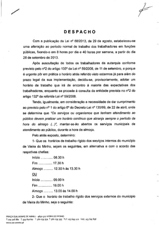 ALTERAÇÃO DO PERÍODO NORMAL DIÁRIO DE TRABALHO DOS TRABALHADORES DO MUNICÍPIO DE VIEIRA DO MINHO. 