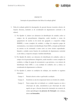 GABINETE DA MINISTRA




                                           ANEXO VI

                     Instruções de preenchimento das fichas de avaliação global



   1. Ficha de avaliação global do desempenho do pessoal docente (exercício efectivo de
      funções docentes, incluindo as de coordenador de departamento curricular e de
      relator):

        1.1 No Quadro A, relativo aos elementos de identificação do avaliado, todos os
            campos são de preenchimento obrigatório, sendo inseridos o nome do
            agrupamento de escolas ou da escola não agrupada e o respectivo código
            DGRHE, o nome completo do avaliado, o código do respectivo grupo de
            recrutamento, o seu número de identificação fiscal (NIF), a situação profissional
            na carreira ou de contratado a termo certo ou como técnico especializado.
            Quando o avaliado exerce funções de coordenador de departamento curricular
            ou de relator, a respectiva situação é também identificada.

        1.2 No Quadro B, relativo aos elementos de identificação do avaliador, todos os
            campos são de preenchimento obrigatório, sendo inseridos o nome completo do
            avaliador, o código do grupo de recrutamento a que pertence, o seu número de
            identificação fiscal (NIF) e a sua condição de avaliador, isto é, relator, ou
            coordenador de departamento ou director.

        1.3 No Quadro C, relativo às condições de avaliação, são inseridos os seguintes
            elementos:

                  Campo 1:    Período efectivo sobre o qual incide a avaliação.

                  Campo 2:    Existência ou não de componente lectiva no horário do avaliado.

                  Campo 3:    Neste campo deve ser indicado se o avaliado requereu ou não a
                              observação de aulas, entendendo-se por observação de aulas
                              aquela em que o docente desenvolve interacção em contexto de
                              ensino-aprendizagem ou processo de formação com crianças,
                              alunos ou formandos.
 