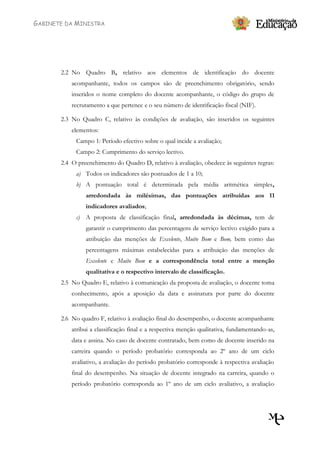 GABINETE DA MINISTRA




       2.2 No Quadro B, relativo aos elementos de identificação do docente
           acompanhante, todos os campos são de preenchimento obrigatório, sendo
           inseridos o nome completo do docente acompanhante, o código do grupo de
           recrutamento a que pertence e o seu número de identificação fiscal (NIF).

       2.3 No Quadro C, relativo às condições de avaliação, são inseridos os seguintes
           elementos:
            Campo 1: Período efectivo sobre o qual incide a avaliação;
            Campo 2: Cumprimento do serviço lectivo.
       2.4 O preenchimento do Quadro D, relativo à avaliação, obedece às seguintes regras:
            a) Todos os indicadores são pontuados de 1 a 10;
            b) A pontuação total é determinada pela média aritmética simples,
                arredondada às milésimas, das pontuações atribuídas aos 11
                indicadores avaliados;
            c) A proposta de classificação final, arredondada às décimas, tem de
                garantir o cumprimento das percentagens de serviço lectivo exigido para a
                atribuição das menções de Excelente, Muito Bom e Bom, bem como das
                percentagens máximas estabelecidas para a atribuição das menções de
                Excelente e Muito Bom e a correspondência total entre a menção
                qualitativa e o respectivo intervalo de classificação.
       2.5 No Quadro E, relativo à comunicação da proposta de avaliação, o docente toma
           conhecimento, após a aposição da data e assinatura por parte do docente
           acompanhante.

       2.6 No quadro F, relativo à avaliação final do desempenho, o docente acompanhante
           atribui a classificação final e a respectiva menção qualitativa, fundamentando-as,
           data e assina. No caso de docente contratado, bem como de docente inserido na
           carreira quando o período probatório corresponda ao 2º ano de um ciclo
           avaliativo, a avaliação do período probatório corresponde à respectiva avaliação
           final do desempenho. Na situação de docente integrado na carreira, quando o
           período probatório corresponda ao 1º ano de um ciclo avaliativo, a avaliação
 