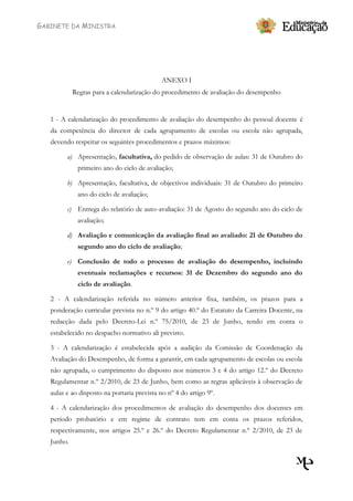 GABINETE DA MINISTRA




                                             ANEXO I
            Regras para a calendarização do procedimento de avaliação do desempenho


   1 - A calendarização do procedimento de avaliação do desempenho do pessoal docente é
   da competência do director de cada agrupamento de escolas ou escola não agrupada,
   devendo respeitar os seguintes procedimentos e prazos máximos:

         a) Apresentação, facultativa, do pedido de observação de aulas: 31 de Outubro do
             primeiro ano do ciclo de avaliação;

         b) Apresentação, facultativa, de objectivos individuais: 31 de Outubro do primeiro
             ano do ciclo de avaliação;

         c) Entrega do relatório de auto-avaliação: 31 de Agosto do segundo ano do ciclo de
             avaliação;

         d) Avaliação e comunicação da avaliação final ao avaliado: 21 de Outubro do
             segundo ano do ciclo de avaliação;

         e) Conclusão de todo o processo de avaliação do desempenho, incluindo
             eventuais reclamações e recursos: 31 de Dezembro do segundo ano do
             ciclo de avaliação.

   2 - A calendarização referida no número anterior fixa, também, os prazos para a
   ponderação curricular prevista no n.º 9 do artigo 40.º do Estatuto da Carreira Docente, na
   redacção dada pelo Decreto-Lei n.º 75/2010, de 23 de Junho, tendo em conta o
   estabelecido no despacho normativo ali previsto.

   3 - A calendarização é estabelecida após a audição da Comissão de Coordenação da
   Avaliação do Desempenho, de forma a garantir, em cada agrupamento de escolas ou escola
   não agrupada, o cumprimento do disposto nos números 3 e 4 do artigo 12.º do Decreto
   Regulamentar n.º 2/2010, de 23 de Junho, bem como as regras aplicáveis à observação de
   aulas e ao disposto na portaria prevista no nº 4 do artigo 9º.

   4 - A calendarização dos procedimentos de avaliação do desempenho dos docentes em
   período probatório e em regime de contrato tem em conta os prazos referidos,
   respectivamente, nos artigos 25.º e 26.º do Decreto Regulamentar n.º 2/2010, de 23 de
   Junho.
 