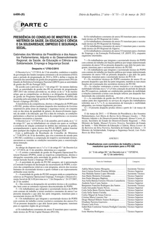 6400-(8) Diário da República, 2.ª série—N.º 51—13 de março de 2015
PARTE C
PRESIDÊNCIA DO CONSELHO DE MINISTROS E MI-
NISTÉRIOS DA SAÚDE, DA EDUCAÇÃO E CIÊNCIA
E DA SOLIDARIEDADE, EMPREGO E SEGURANÇA
SOCIAL.
Gabinetes dos Ministros da Presidência e dos Assun-
tos Parlamentares, Adjunto e do Desenvolvimento
Regional, da Saúde, da Educação e Ciência e da
Solidariedade, Emprego e Segurança Social.
Despacho n.º 2702-C/2015
O Decreto-Lei n.° 137/2014, de 12 de setembro, estabelece o modelo
de governação dos fundos europeus estruturais e de investimento (FEEI)
para o período de programação de 2014 a 2020 e define o regime de
transição das autoridades de gestão dos programas operacionais (PO) do
Quadro de Referência Estratégica Nacional (QREN) para as autoridades
de gestão dos PO do Portugal 2020.
De acordo com o previsto no n.° 3 do artigo 83.° do mesmo diploma
legal, as autoridades de gestão dos PO do período de programação
2007-2013 são extintas prevendo-se, na alínea a) do n.° 4 do mesmo
artigo, que as competências, os direitos e as obrigações da autoridade
de gestão do Programa Operacional Potencial Humano (POPH) são
assumidas pela autoridade de gestão do Programa Operacional Inclusão
Social e Emprego (PO ISE).
Atransferência de competências, direitos e obrigações do POPH para
o PO ISE, produz efeitos mediante despacho dos membros do Governo
responsáveis pelas áreas do emprego e segurança social, em conjunto
com os das áreas da igualdade de género, do desenvolvimento regio-
nal, da saúde e da educação, que fixa a data de extinção, as condições
particulares a observar na transferência de competências e os recursos
humanos necessários a transitar.
O Decreto-Lei n.° 137/2014, de 12 de setembro, prevê ainda, no n.° 11
do artigo 83.° que os trabalhadores em relação aos quais se verifique
a existência de relação contratual no âmbito das estruturas de gestão,
acompanhamento e apoio técnico dos PO do QREN, podem transitar
para qualquer dos órgãos de governação do Portugal 2020.
Com a publicação da Resolução do Conselho de Ministros
n.° 73-B/2014, de 16 de dezembro, que cria a estrutura de missão para
o PO ISE e estabelece a composição do respetivo secretariado técnico,
encontram-se reunidas as condições necessárias para a concretização
dessa transição.
Assim:
Ao abrigo do disposto nos n.°s 5 e 11 do artigo 83.° do Decreto-Lei
n.° 137/2014, de 12 de setembro, determina-se o seguinte:
1—É extinta a autoridade de gestão do Programa Operacional Po-
tencial Humano (POPH), sendo as respetivas competências, direitos e
obrigações assumidas pela autoridade de gestão do Programa Opera-
cional Inclusão Social e Emprego (PO ISE).
2—A autoridade de gestão do PO ISE assegura, até à apresentação
à Comissão Europeia da declaração de encerramento do POPH, o exer-
cício das competências relativas a este programa, através dos recursos
humanos do secretariado técnico a quem venham a ser expressamente
atribuídas essas tarefas.
3—Aautoridade de gestão do PO ISE assegura ainda as competências
relativas ao Programa Operacional Emprego, Formação e Desenvolvi-
mento Social do QCAIII previstas no n.° 2 do Despacho n.° 26 327/2007,
de 25 de outubro.
4—São extintas as designações de secretário técnico e de coordena-
dor, bem como as estruturas regionais desconcentradas do POPH.
5—Os trabalhadores que integram o secretariado técnico do POPH
com contrato de trabalho a termo resolutivo constantes do anexo I ao
presente despacho e que dele faz parte integrante, transitam para o
secretariado técnico do PO ISE.
6—Os trabalhadores que integram o secretariado técnico do POPH
com contrato de trabalho a termo resolutivo constantes dos anexos II a
VI ao presente despacho e que dele fazem parte integrante, transitam
para os seguintes órgãos de governação:
a) Os trabalhadores constantes do anexo II transitam para o secreta-
riado técnico do PO do Capital Humano (PO CH);
b) Os trabalhadores constantes do anexo III transitam para o secreta-
riado técnico do PO Regional do Centro;
c) Os trabalhadores constantes do anexo IV transitam para o secreta-
riado técnico do PO Regional do Alentejo;
d) Os trabalhadores constantes do anexo V transitam para o secreta-
riado técnico do PO Regional do Algarve;
e) Os trabalhadores constantes do anexo VI transitam para o Instituto
do Emprego e da Formação Profissional, I.P. (IEFP, I.P.), enquanto
organismo intermédio.
7—Os trabalhadores que integram o secretariado técnico do POPH
com contrato de trabalho em funções públicas por tempo indeterminado
constantes do anexo VII ao presente despacho e que dele faz parte inte-
grante, transitam para o secretariado técnico do PO ISE.
8—Os trabalhadores que integram o secretariado técnico do POPH
com contrato de trabalho em funções públicas por tempo indeterminado
constantes do anexo VIII ao presente despacho e que dele faz parte
integrante, transitam para o secretariado técnico do PO CH.
9—Os secretários técnicos do POPH constantes do anexo IX ao
presente despacho e que dele faz parte integrante, mantêm as suas atuais
funções até à nomeação dos secretários técnicos do PO ISE.
10—As relações contratuais a termo resolutivo e as situações de
mobilidade referidas nos n.°s 5 a 8 têm a duração do período de duração
dos PO respetivos, podendo ser estabelecidos períodos de mobilidade
e relações contratuais a termo com duração inferior, por despacho fun-
damentado das comissões diretivas.
11—As autoridades de gestão dos PO ISE e PO CH devem desen-
cadear junto dos organismos ou serviços de origem dos trabalhadores
referidos nos n.°s 7 e 8, os mecanismos de transição e mobilidade
adequados, nos termos legalmente previstos.
12—O presente despacho produz efeitos a partir de 1 de março de
2015.
13 de março de 2015. — O Ministro da Presidência e dos Assuntos
Parlamentares, Luís Maria de Barros Serra Marques Guedes. — Pelo
Ministro Adjunto e do Desenvolvimento Regional, Manuel Castro Al-
meida, Secretário de Estado do Desenvolvimento Regional. — Pelo
Ministro da Saúde, Manuel Ferreira Teixeira, Secretário de Estado
da Saúde. — Pelo Ministro da Educação e Ciência, Maria Leonor de
Sá Barreiros da Silva Parreira, Secretária de Estado da Ciência. — O
Ministro da Solidariedade, Emprego e Segurança Social, Luís Pedro
Russo da Mota Soares.
ANEXO I
Trabalhadores com contratos de trabalho a termo
resolutivo que transitam para o PO ISE
(n.° 5 do artigo 83.° do Decreto-Lei n.° 137/2014,
de 12 de setembro)
Nome do Trabalhador Categoria
Adélia Maria Santos Mesquita. . . . . . . . . . . . . . Assistente Técnico
Ana Cristina Pereira Pimenta Militão . . . . . . . . Técnico Superior
Ana Mafalda Santos Lopes Miranda . . . . . . . . . Assistente Técnico
Ana Marta Monteiro Fernandes. . . . . . . . . . . . . Técnico Superior
Ana Paula Marques Baptista . . . . . . . . . . . . . . . Técnico Superior
Ana Sofia Batista Ferreira Oliveira Castanheira Técnico Superior
Anabela Faria Couto Santos. . . . . . . . . . . . . . . . Técnico Superior
Benjamim Franclim Rodrigues dos Santos . . . . Assistente Técnico
Carla Alexandra Soares Neves. . . . . . . . . . . . . . Técnico Superior
Carla Sofia Basto Pereira Santo Ferreira . . . . . . Técnico Superior
Carla Sofia Santos Farinha. . . . . . . . . . . . . . . . . Técnico Superior
Carlos Miguel de Sousa Esteves . . . . . . . . . . . . Técnico Superior
Cristina Maria Loureiro Vaz . . . . . . . . . . . . . . . Técnico Superior
Diogo Manuel Ribeiro Soares Rodrigues . . . . . Técnico Superior
Elisabete Parreira Guerreiro. . . . . . . . . . . . . . . . Técnico Superior
Elisete Carla Frois . . . . . . . . . . . . . . . . . . . . . . . Técnico Superior
Isabel Rute Contreiras Ventura Perdigão Concruta
Freire.
Técnico Superior
Ivete Martins Rodrigues. . . . . . . . . . . . . . . . . . . Técnico Superior
 