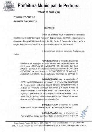 Barragem Pedreira/Despacho -medida judicial