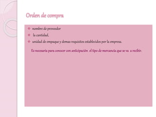 Orden de compra
 nombre de proveedor
 la cantidad,
 unidad de empaque y demas requisitos establecidos por la empresa.
 