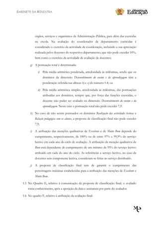 GABINETE DA MINISTRA




              órgãos, serviços e organismos da Administração Pública, para além das exercidas
              na escola. Na avaliação do coordenador de departamento curricular é
              considerado o exercício da actividade de coordenação, incluindo a sua apreciação
              realizada pelos docentes do respectivo departamento, que não pode exceder 10%,
              bem como o exercício da actividade de avaliação de docentes;

         g) A pontuação total é determinada:

                i)   Pela média aritmética ponderada, arredondada às milésimas, sendo que os
                     domínios da dimensão Desenvolvimento do ensino e da aprendizagem têm a
                     ponderação referida nas alíneas b) e e) do número 1.4; ou

                ii) Pela média aritmética simples, arredondada às milésimas, das pontuações
                     atribuídas aos domínios, sempre que, por força das funções exercidas, o
                     docente não puder ser avaliado na dimensão Desenvolvimento do ensino e da
                     aprendizagem. Neste caso a pontuação total não pode exceder 7,9.

         h) No caso de não serem pontuados os domínios Realização das actividades lectivas e
              Relação pedagógica com os alunos, a proposta de classificação final não pode exceder
              7,9;

         i) A atribuição das menções qualitativas de Excelente e de Muito Bom depende do
              cumprimento, respectivamente, de 100% ou de entre 97% e 99,9% do serviço
              lectivo em cada ano do ciclo de avaliação. A atribuição da menção qualitativa de
              Bom está dependente do cumprimento de um mínimo de 95% do serviço lectivo
              atribuído em cada do ano do ciclo. As referências a serviço lectivo, no caso de
              docentes sem componente lectiva, consideram-se feitas ao serviço distribuído.

         j)   A proposta de classificação final tem de garantir o cumprimento das
              percentagens máximas estabelecidas para a atribuição das menções de Excelente e
              Muito Bom.

   1.5 No Quadro E, relativo à comunicação da proposta de classificação final, o avaliado
       toma conhecimento, após a aposição da data e assinatura por parte do avaliador.

   1.6 No quadro F, relativo à atribuição da avaliação final:
 