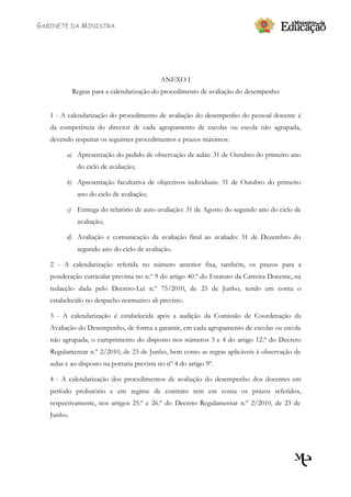 GABINETE DA MINISTRA




                                             ANEXO I
            Regras para a calendarização do procedimento de avaliação do desempenho


   1 - A calendarização do procedimento de avaliação do desempenho do pessoal docente é
   da competência do director de cada agrupamento de escolas ou escola não agrupada,
   devendo respeitar os seguintes procedimentos e prazos máximos:

         a) Apresentação do pedido de observação de aulas: 31 de Outubro do primeiro ano
             do ciclo de avaliação;

         b) Apresentação facultativa de objectivos individuais: 31 de Outubro do primeiro
             ano do ciclo de avaliação;

         c) Entrega do relatório de auto-avaliação: 31 de Agosto do segundo ano do ciclo de
             avaliação;

         d) Avaliação e comunicação da avaliação final ao avaliado: 31 de Dezembro do
             segundo ano do ciclo de avaliação.

   2 - A calendarização referida no número anterior fixa, também, os prazos para a
   ponderação curricular prevista no n.º 9 do artigo 40.º do Estatuto da Carreira Docente, na
   redacção dada pelo Decreto-Lei n.º 75/2010, de 23 de Junho, tendo em conta o
   estabelecido no despacho normativo ali previsto.

   3 - A calendarização é estabelecida após a audição da Comissão de Coordenação da
   Avaliação do Desempenho, de forma a garantir, em cada agrupamento de escolas ou escola
   não agrupada, o cumprimento do disposto nos números 3 e 4 do artigo 12.º do Decreto
   Regulamentar n.º 2/2010, de 23 de Junho, bem como as regras aplicáveis à observação de
   aulas e ao disposto na portaria prevista no nº 4 do artigo 9º.

   4 - A calendarização dos procedimentos de avaliação do desempenho dos docentes em
   período probatório e em regime de contrato tem em conta os prazos referidos,
   respectivamente, nos artigos 25.º e 26.º do Decreto Regulamentar n.º 2/2010, de 23 de
   Junho.
 
