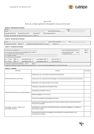 GABINETE DA MINISTRA




                                                                      Anexo III
                                             Ficha de avaliação global do desempenho do pessoal docente

Quadro A - Identificação do Avaliado
Escola:________________________________________________________________________________                                                   Código: _______________________
Nome: _________________________________________________________       Grupo de Recrutamento: ______                                         NIF:________________________
Situação profissional:       Docente de carreira □            Contratado □           Técnico Especializado □
Funções: Coordenador de Departamento Curricular □ Relator □

Quadro B - Identificação do Avaliador

Nome:__________________________________________________________                                  Grupo de Recrutamento: ______                 NIF:________________________
Condição de avaliador:       Relator   □        Coordenador de Departamento Curricular □                    Director   □
Quadro C - Condições de Avaliação

1. Período em avaliação: de ___ / ____ / ____ a ___ / ___ / ___                                                                2. Com componente lectiva: Sim □         Não □
5. Em exercício de funções noutra instituição: Sim □ Não □                                                                     3. Observação de Aulas:    Sim □         Não □
5.1 Instituição onde exerceu funções: ____________________________________________________                                      4. Função exercida:_____________
5.2 Funções exercidas: ________________________________________________________________
6. Cumprimento do Serviço (1)
6.1 1.º Ano:      100%     □         entre 99,9% e 97%      □          entre 96,9% e 95% □               menos de 95% □
6.2 2.ºAno:       100%     □         entre 99,9% e 97%      □          entre 96,9% e 95% □               menos de 95% □
7. Apresentou objectivos individuais: Sim         □         Não   □
Os objectivos individuais constituem referência da avaliação final (cf. n.º 4 do art.º 8.º do Decreto Regulamentar n.º 2/10, de 23 de Junho)

Quadro D – Avaliação
                       Dimensão                                                                                  Domínio                                                Pontuação


                                                            Compromisso com a construção do conhecimento profissional


Vertente profissional, social e ética                       Compromisso com a promoção da aprendizagem e do desenvolvimento pessoal e cívico dos alunos


                                                            Compromisso com o grupo de pares e com a escola


                                                            Preparação e organização das actividades lectivas


                                                            Realização das actividades lectivas (3)
Desenvolvimento do ensino e da aprendizagem (2)
                                                            Relação pedagógica com os alunos (3)


                                                            Processo de avaliação das aprendizagens dos alunos

                                                            Contributo para a realização dos objectivos e metas do Projecto Educativo e dos Planos Anual e
                                                            Plurianual de actividades

Participação na escola e relação com a                      Participação nas estruturas de coordenação educativa e supervisão pedagógica e nos órgãos de
comunidade educativa                                        administração e gestão

                                                            Dinamização de projectos de investigação, desenvolvimento e inovação educativa e sua
                                                            correspondente avaliação
 