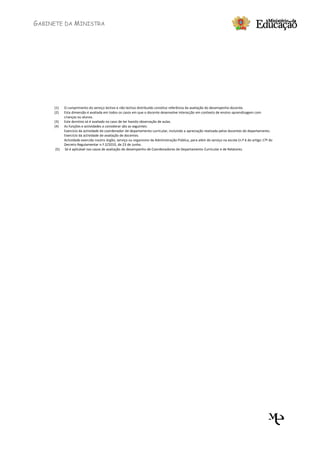 GABINETE DA MINISTRA




     (1)    O cumprimento do serviço lectivo e não lectivo distribuído constitui referência da avaliação do desempenho docente.
     (2)    Esta dimensão é avaliada em todos os casos em que o docente desenvolve interacção em contexto de ensino-aprendizagem com
            crianças ou alunos.
     (3)    Este domínio só é avaliado no caso de ter havido observação de aulas.
     (4)    As funções e actividades a considerar são as seguintes:
            Exercício da actividade de coordenador de departamento curricular, incluindo a apreciação realizada pelos docentes do departamento.
            Exercício da actividade de avaliação de docentes.
            Actividade exercida noutro órgão, serviço ou organismo da Administração Pública, para além do serviço na escola (n.º 6 do artigo 17º do
            Decreto Regulamentar n.º 2/2010, de 23 de Junho.
      (5)   Só é aplicável nos casos de avaliação do desempenho de Coordenadores de Departamento Curricular e de Relatores.
 