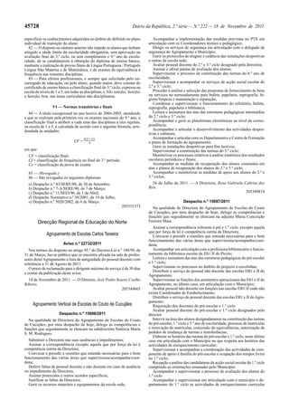45728                                                                 Diário da República, 2.ª série — N.º 222 — 18 de Novembro de 2011

especificar os conhecimentos adquiridos no âmbito do definido no plano            Acompanhar a implementação das medidas previstas no PTE em
individual de transição do aluno.                                              articulação com os Coordenadores técnico e pedagógico;
   82 — O disposto no número anterior não impede os alunos que tenham             Dirigir os serviços de segurança em articulação com o delegado de
atingido a idade limite da escolaridade obrigatória, sem aprovação na          segurança do Agrupamento e Município;
avaliação final do 3.º ciclo, ou sem completarem o 9.º ano de escola-             Gerir os protocolos de aluguer e cedência das instalações desportivas
ridade, de se candidatarem à obtenção do diploma de ensino básico,             e outras da escola sede;
mediante a realização de provas finais de Língua Portuguesa / Português           Avaliar pessoal docente do 2.º e 3.º ciclo designado pela directora;
Língua Não Materna e de Matemática, e de exames de equivalência à                 Assinar e afixar pautas de avaliação dos alunos;
frequência nas restantes disciplinas.                                             Supervisionar o processo de constituição das turmas do 6.º ano de
   83 — Para efeitos profissionais, e sempre que solicitado pelo en-           escolaridade;
carregado de educação, ou pelo aluno, quando maior, deve constar do               Supervisionar e acompanhar os serviços de acção social escolar do
certificado de ensino básico a classificação final do 3.º ciclo, expressa na   2.º e 3.º ciclo;
escala de níveis de 1 a 5, em todas as disciplinas, e Não satisfaz, Satisfaz      Proceder à análise e selecção das propostas de fornecimento de bens
e Satisfaz bem, nas áreas curriculares não disciplinares.                      ou serviços no nomeadamente para bufete, papelaria, reprografia, hi-
                                                                               giene/limpeza e manutenção e reparação;
                                                                                  Coordenar e supervisionar o funcionamento do refeitório, bufete,
                  VI — Normas transitórias e finais                            reprografia, papelaria e biblioteca;
   84 — A título excepcional no ano lectivo de 2004-2005, atendendo               Leitura e assinatura das atas das estruturas pedagógicas intermédias
a que se realizam pela primeira vez os exames nacionais do 9.º ano, a          do 2.º ciclo e 3.º ciclo;
classificação final a atribuir a cada uma das disciplinas a eles sujeitas,        Acompanhar e gerir as plataformas electrónicas ao nível da corres-
na escala de 1 a 5, é calculada de acordo com a seguinte fórmula, arre-        pondência;
dondada às unidades:                                                              Acompanhar e articular o desenvolvimento das actividades despor-
                                                                               tivas e culturais;
                                       3Cf + Ce                                   Acompanhar e articular com os Departamentos e Centro de Formação
                                CF =       4                                   o plano de formação do agrupamento;
                                                                                  Gerir as instalações desportivas para fins lectivos;
em que:                                                                           Supervisionar a constituição das turmas do 3.º ciclo;
  CF = classificação final;                                                       Monitorizar os processos relativos à análise estatística dos resultados
  Cf = classificação de frequência no final do 3.º período;                    escolares periódicos e finais;
  Ce = classificação da prova de exame.                                           Acompanhar as medidas de recuperação dos alunos constantes em
                                                                               atas e planos de recuperação dos alunos do 2.º e 3.º ciclo;
  85 — (Revogado.)                                                                Acompanhar e monitorizar as medidas de apoio aos alunos do 2.º e
  86 — São revogados os seguintes diplomas:                                    3.º ciclos;
  a) Despacho n.º 43/SERE/88, de 30 de Setembro;                                 26 de Julho de 2011. — A Directora, Rosa Gabriela Cabrita dos
  b) Despacho n.º 7-A/SERE/90, de 7 de Março;                                  Reis.
  c) Despacho n.º 11/SEEI/96, de 1 de Abril;                                                                                        205349819
  d) Despacho Normativo n.º 30/2001, de 19 de Julho;
  e) Despacho n.º 5020/2002, de 6 de Março.                                                          Despacho n.º 15697/2011
                                                               205351373         Na qualidade de Directora do Agrupamento de Escolas do Couto
                                                                               de Cucujães, por meu despacho de hoje, delego as competências e
                                                                               funções que seguidamente se elencam na adjunta Maria Conceição
          Direcção Regional de Educação do Norte                               Ferreira Maia.
                                                                                  Assinar a correspondência referente à pré e 1.º ciclo, excepto aquela
                                                                               que por força da lei é competência estrita da Directora;
              Agrupamento de Escolas Carlos Teixeira                              Convocar e presidir a reuniões que entenda necessárias para o bom
                                                                               funcionamento das várias áreas que supervisiona/acompanha/coor-
                         Aviso n.º 22732/2011                                  dena;
   Nos termos do disposto no artigo 95.º do Decreto-Lei n.º 100/99, de            Acompanhar em articulação com a professora bibliotecária o funcio-
31 de Março, faz-se público que se encontra afixada na sala de profes-         namento da biblioteca escolar da Eb1/JI do Picoto;
sores deste Agrupamento a lista de antiguidade do pessoal docente com             Leitura e assinatura das atas das estruturas pedagógicas do pré-escolar
referência a 31 de Agosto de 2011.                                             e 1.º ciclo;
   O prazo de reclamação para o dirigente máximo do serviço é de 30 dias          Supervisionar os processos no âmbito do projecto e-escolinhas;
a contar da publicação deste aviso.                                               Distribuir o serviço do pessoal não docente das escolas EB1 e JI do
                                                                               Agrupamento;
  14 de Novembro de 2011. — O Director, José Pedro Soares Coelho                  Supervisionar as funções dos assistentes operacionais das Eb1 e JI do
Ribeiro.                                                                       Agrupamento, no último caso, em articulação com o Município;
                                                      205349665                   Avaliar pessoal não docente em funções nas escolas EB1/JI onde não
                                                                               exista Coordenador de Estabelecimento;
                                                                                  Distribuir o serviço do pessoal docente das escolas EB1 e JI do Agru-
                                                                               pamento;
     Agrupamento Vertical de Escolas de Couto de Cucujães                         Requisição dos docentes do pré-escolar e 1.º ciclo
                                                                                  Avaliar pessoal docente do pré-escolar e 1.º ciclo designados pelo
                      Despacho n.º 15696/2011                                  director
   Na qualidade de Directora do Agrupamento de Escolas do Couto                   Intervir na área dos alunos designadamente na constituição das turmas
de Cucujães, por meu despacho de hoje, delego as competências e                do pré-escolar, 1.º ciclo e 5.º ano de escolaridade, processo de matrículas
funções que seguidamente se elencam na subdirectora Natércia Maria             e renovação de matrículas, concessão de equivalências, autorização de
S. M. Rodrigues.                                                               pedidos de mudança de turmas e transferências;
                                                                                  Elaborar os horários das turmas do pré-escolar e 1.º ciclo, neste último
  Substituir a Directora nas suas ausências e impedimentos;                    caso em articulação com o Município no que respeita aos horários das
  Assinar a correspondência excepto aquela que por força da lei é              actividades de enriquecimento curricular;
competência estrita da Directora;                                                 Supervisionar e acompanhar a coordenação das actividades de com-
  Convocar e presidir a reuniões que entenda necessárias para o bom            ponente de apoio à família do pré-escolar e ocupação dos tempos livres
funcionamento das várias áreas que supervisiona/acompanha/coor-                no 1.º ciclo;
dena;                                                                             Recepção e análise das candidaturas da acção social escolar do 1.º ciclo
  Deferir faltas de pessoal docente e não docente em caso de ausência          cumprindo as orientações emanadas pelo Município;
ou impedimento da Directora;                                                      Acompanhar e supervisionar o processo de avaliação dos alunos do
  Assinar protocolos e outros acordos específicos;                             1.º ciclo
  Justificar as faltas da Directora;                                              Acompanhar e supervisionar em articulação com o município e de-
  Gerir os recursos materiais e equipamentos da escola sede;                   partamento do 1.º ciclo as actividades de enriquecimento curricular
 