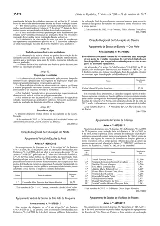 35378 Diário da República, 2.ª série — N.º 208 — 26 de outubro de 2012
coordenador da bolsa de avaliadores externos, até ao final do 1.º período
letivo do ano escolar imediatamente anterior ao da sua avaliação externa.
3 — Por mútuo acordo, avaliador e avaliado podem proceder a alte-
rações na calendarização prevista no n.º 7 do artigo 7.º, dando do facto
conhecimento ao coordenador da bolsa de avaliadores externos.
4 — Caso o avaliado não esteja presente por falta devidamente jus-
tificada e previamente comunicada ao avaliador, deve este proceder à
marcação de nova data para a realização da aula a observar.
5 — A desistência da observação de aulas por parte de um docente
que apresentou o requerimento previsto no n.º 2, determina a obtenção
de uma classificação máxima de Bom no respetivo ciclo avaliativo.
Artigo 11.º
Trabalho extraordinário dos avaliadores
1 — A observação de aulas a efetuar no quadro da avaliação do de-
sempenho docente processa-se em regime de trabalho extraordinário,
sempre que se prolongue para além do horário normal de trabalho do
docente avaliador.
2 — Na sua deslocação o avaliador tem direito a ajudas de custo, nos
termos da legislação aplicável.
Artigo 12.º
Disposições transitórias
1 — A observação de aulas regulamentada pelo presente despacho
normativo não é prejudicada pela vigência de disposições legais que
temporariamente impeçam a progressão na carreira.
2 — Para os efeitos referidos no número anterior e caso se verificasse
a normal progressão na carreira docente, no ano escolar de 2012-013,
consideram-se os seguintes períodos e momentos:
a) Até final do 1.º período letivo, apresentação dos requerimentos de
observação de aulas a realizar no próprio ano escolar;
b) Até ao final do mês de janeiro de 2013, conclusão e divulgação da
seleção e distribuição dos avaliadores externos, bem como a calendari-
zação da avaliação da dimensão científica e pedagógica.
Artigo 13.º
Entrada em vigor
O presente despacho produz efeitos no dia seguinte ao da sua pu-
blicação.
19 de outubro de 2012. — O Secretário de Estado do Ensino e da
Administração Escolar, João Casanova de Almeida.
206473742
Direção Regional de Educação do Norte
Agrupamento Vertical de Escolas do Amial
Aviso n.º 14369/2012
No cumprimento do disposto no n.º 6 do artigo 36.º da Portaria
n.º 83-A/2009, de 22 de janeiro, com as alterações introduzidas pela
Portaria n.º 145-A/2011, de 6 de abril e nos termos do ponto 17.3 do
Aviso n.º 9108/2012 publicado na 2.ª série do Diário da República,
n.º 128, de 04 de julho, publica-se a lista unitária de classificação final,
homologada por meu despacho de 22 de outubro de 2012, relativa ao
procedimento concursal comum de recrutamento para ocupação de dois
postos de trabalho na carreira e categoria deAssistente Operacional, em
regime de contrato em funções públicas por tempo indeterminado, sendo
celebrado com a mesma o respetivo contrato de trabalho.
Ordem Nome do candidato
Valoração
final
1.º Fernanda Alice Ferreira dos Santos Guedes . . . 16,75
22 de outubro de 2012. — O Diretor, Armando Alfredo Silva Coelho.
206474414
de ordenação final do procedimento concursal comum, para preenchi-
mento de seis postos de trabalho em contrato a termo resolutivo certo
a tempo parcial.
22 de outubro de 2012. — A Diretora, Lídia Martins Gonçalves.
206475232
Direção Regional de Educação do Centro
Agrupamento de Escolas de Esmoriz — Ovar Norte
Aviso (extrato) n.º 14371/2012
Procedimento concursal comum de recrutamento para ocupação
de um posto de trabalho em regime de contrato de trabalho em
funções públicas por tempo indeterminado para carreira e cate-
goria de assistente operacional.
Ao abrigo do n.º 6, artigo 36.º da Portaria n.º 83-A/2009 de 22 de
janeiro, com as alterações introduzidas pela Portaria n.º 145-A/2011 de
6 de abril, publica-se a lista de classificação final do candidato opositor
ao concurso, após homologação pela Presidente da CAP:
Nome
Classificação
final
Carlos Manuel Capelas Anacleto. . . . . . . . . . . . . . . . . . . 17,06
Em resultado deste apuramento, o candidato ocupará o posto de traba-
lho em regime de contrato em funções públicas por tempo indeterminado
para carreira e categoria deAssistente Operacional, noAgrupamento de
Escolas de Esmoriz/Ovar Norte, com despacho do dia 24 de julho de
2012, sendo celebrado com o mesmo o respetivo contrato de trabalho.
22 de outubro de 2012. — A Presidente da CAP, Maria Estela Tomé
da Rocha.
206472754
Agrupamento de Escolas de Estarreja
Aviso n.º 14372/2012
Nostermosdodispostonon.º 6doartigo 36.ºdaPortarian.º 83-A/2009,
de 22 de janeiro, com a redação dada pela Portaria n.º 145-A/2011, de
6 de abril, torna-se pública a lista unitária de ordenação final do pro-
cedimento concursal comum para preenchimento de 3 (três) postos de
trabalho, em regime de contrato de trabalho em funções públicas, a
termo resolutivo certo, a tempo parcial (4 horas/dia), para a carreira de
assistente operacional, aberto pelo Aviso n.º 12571/2012, publicado no
Diário da República 2.ª série, n.º 183, de 20 de setembro:
Número
de
ordem
Nome
Classificação
final
1.º Janeth Ferreira Sousa . . . . . . . . . . . . . . . . . . 15,000
2.º Maria da Conceição Gomes Carvalhais . . . . 13,571
3.º Natália Oliveira Marques . . . . . . . . . . . . . . . 9,286
4.º Elsa Maria Correia Silva . . . . . . . . . . . . . . . . 7,857
5.º Adérita Maria Ribeiro Cruz . . . . . . . . . . . . . 6,429
6.º Donna Maria Yvonne Diaz Alves . . . . . . . . . 5,000
7.º Maria da Luz Caldeira . . . . . . . . . . . . . . . . . 4,286
8.º Gracinda Miranda Pinho . . . . . . . . . . . . . . . . 3,571
9.º Sílvia Pereira Miranda . . . . . . . . . . . . . . . . . 3,571
10.º Diana Filipa Martins da Silva . . . . . . . . . . . . 2,857
11.º Maria Custódia Oliveira Marques Reis . . . . . 2,143
Agrupamento Vertical de Escolas de São João da Pesqueira
Aviso (extrato) n.º 14370/2012
Nos termos do disposto no n.º 6 do artigo 36.º da Portaria
n.º 83-A/2009 de 22 de janeiro, com as alterações introduzidas pela
Portaria n.º 145-A/2011 de 6 de abril, torna-se pública a lista unitária
18 de outubro de 2012. — O Diretor, Óscar Lopes Ferreira.
206472202
Agrupamento de Escolas de Vila Nova de Poiares
Aviso n.º 14373/2012
No cumprimento do ponto 6 do artigo 36.º da portaria n.º 145-A/2011,
de 6 de abril, encontram-se publicitadas na página do Agrupamento
de Escolas de Vila Nova de Poiares a lista unitária de ordenação
 