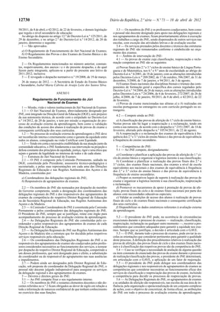 12730                                                                         Diário da República, 2.ª série — N.º 71 — 10 de abril de 2012

50/2011, de 8 de abril, e 42/2012, de 22 de fevereiro, e demais legislação         3.3 — Os membros do JNE e os professores coadjuvantes, bem como
que regula o nível secundário de educação:                                      o pessoal não docente designado para apoio nas delegações regionais e
   Ao abrigo do disposto no artigo 12.º do Decreto-Lei n.º 125/2011, de         nos agrupamentos de exames, ficam prioritariamente afetos à execução
29 de dezembro, e no artigo 2.º do Decreto-Lei n.º 14/2012, de 20 de            dos trabalhos a cargo do JNE, sendo dispensados de outros serviços nas
janeiro, determino o seguinte:                                                  escolas, com exceção das atividades letivas e de avaliação escolar.
   1 — São aprovados:                                                              3.4 — Os serviços prestados pelos docentes e técnicos das estruturas
  a) O Regulamento de Funcionamento do Júri Nacional de Exames;                 regionais do JNE são remunerados conforme o estabelecido no orça-
  b) O Regulamento das Provas e dos Exames do Ensino Básico e do                mento dos exames.
Ensino Secundário.                                                                 4 — Âmbito de intervenção do JNE:
                                                                                   4.1 — As provas de exame cuja classificação, reapreciação e recla-
   2 — Os Regulamentos mencionados no número anterior, constan-                 mação competem ao JNE são as seguintes:
tes, respetivamente, dos anexos I e II do presente despacho, e do qual             a) Provas finais dos 2.º e 3.º ciclos do ensino básico de Língua Portu-
fazem parte integrante, aplicam-se a partir do presente ano letivo de           guesa e de Matemática, nos 6.º e 9.º anos de escolaridade ao abrigo do
2011-2012, inclusive.                                                           Decreto-Lei n.º 6/2001, de 18 de janeiro, com as alterações introduzidas
   3 — É revogado o despacho normativo n.º 19/2008, de 19 de março.             pelos Decretos-Leis n.os 209/2002, de 17 de outubro, 396/2007, de 31 de
  26 de março de 2012. — A Secretária de Estado do Ensino Básico                dezembro, 3/2008, de 7 de janeiro, e 94/2011, de 3 de agosto;
e Secundário, Isabel Maria Cabrita de Araújo Leite dos Santos Silva.               b) Exames finais nacionais das disciplinas bienais e trienais das com-
                                                                                ponentes de formação geral e específica dos cursos regulados pelo
                                                                                Decreto-Lei n.º 74/2004, de 26 de março, com as alterações introduzidas
                                ANEXO I                                         pelos Decretos-Leis n.os 24/2006, de 6 de fevereiro, 272/2007, de 26 de
                                                                                julho, 4/2008, de 7 de janeiro, 50/2011, de 8 de abril, e 42/2012, de 22
           Regulamento de Funcionamento do Júri                                 de fevereiro;
                   Nacional de Exames                                              c) Provas de exame mencionadas nas alíneas a) e b) realizadas em
   1 — Missão, visão e valores institucionais do Júri Nacional de Exames:       escolas portuguesas no estrangeiro ou com currículo português no es-
   1.1 — O Júri Nacional de Exames, abreviadamente designado por                trangeiro.
JNE, está integrado na Direção-Geral da Educação (DGE), sem prejuízo              4.2 — Compete ainda ao JNE:
da sua autonomia técnica, de acordo com o estipulado no Decreto-Lei
n.º 14/2012, de 20 de janeiro, e tem por missão a organização do pro-              a) A classificação das provas de aferição do 1.º ciclo do ensino básico.
cesso de avaliação externa da aprendizagem, bem como a validação                Nestas provas não há lugar a reapreciação e a reclamação, tendo em
das condições de acesso dos alunos à realização de provas de exame e            conta a sua natureza, de acordo com o despacho n.º 2351/2007, de 14 de
consequente certificação dos seus currículos.                                   fevereiro, alterado pelo despacho n.º 10534/2011, de 22 de agosto;
   1.2 — No processo de avaliação externa da aprendizagem o JNE deve               b) A reapreciação e a reclamação dos exames de equivalência à fre-
ser reconhecido interna e externamente como o garante da equidade entre         quência dos 2.º e 3.º ciclos do ensino básico e das provas de equivalência
todos os alunos, consignado na visão Certificar com Equidade.                   à frequência do ensino secundário.
   1.3 — Tendo em conta a necessária credibilidade da sua atuação junto da
comunidade educativa, o JNE fundamenta a sua intervenção na projeção e            5 — Competências do JNE:
defesa constante dos princípios de equidade, justiça, rigor e uma ética que       5.1 — Ao JNE compete, designadamente:
sejam o garante da legalidade no interesse de todos e de cada aluno.               a) Coordenar e planificar a aplicação das provas de aferição do 1.º ci-
   2 — Estrutura do Júri Nacional de Exames:                                    clo do ensino básico e organizar a logística inerente à sua classificação;
   2.1 — O JNE é composto pela Comissão Permanente, sediada na                     b) Coordenar e planificar a realização das provas finais dos 2.º e
DGE, constituída pelo Presidente, assessoria técnico-pedagógica e               3.º ciclos, dos exames finais nacionais, dos exames a nível de escola
secretariado, e pelas suas representações em cada uma das Direções              equivalentes aos nacionais e dos exames de equivalência à frequência
Regionais de Educação e nas Regiões Autónomas dos Açores e da                   dos 2.º e 3.º ciclos do ensino básico e das provas de equivalência à
Madeira, constituídas por:                                                      frequência do ensino secundário;
  a) Coordenadores das delegações regionais do JNE;                                c) Propor os normativos legais de suporte à realização das provas de
  b) Responsáveis de agrupamentos de exames.                                    exame e organizar a logística inerente à sua classificação, reapreciação
                                                                                e reclamação;
   2.2 — Os membros do JNE são nomeados por despacho do membro                     d) Promover os mecanismos de apoio à prestação de provas de afe-
do Governo competente, sendo a designação dos coordenadores das                 rição, provas finais de ciclo e de exames finais nacionais por parte dos
delegações regionais do JNE e dos responsáveis dos agrupamentos de              alunos com necessidades educativas especiais;
exames da competência do respetivo Diretor Regional de Educação                    e) Validar as condições de acesso dos alunos à realização de provas
ou do Secretário Regional de Educação, nas Regiões Autónomas dos                finais de ciclo e de exames finais nacionais e consequente certificação
Açores e da Madeira.                                                            dos seus currículos;
   2.3 — A Comissão Coordenadora do JNE é constituída pela Comissão                f) Disponibilizar os dados estatísticos referentes à avaliação externa
Permanente e pelos coordenadores das delegações regionais do JNE.               da aprendizagem.
O Presidente do JNE, sempre que se justifique, reúne este órgão para
acompanhamento do processo de avaliação externa da aprendizagem.                   5.2 — O presidente do JNE pode, na ocorrência de circunstâncias
   2.4 — As Delegações Regionais do JNE são constituídas pelo co-               excecionais durante o processo de exames — realização, classificação,
ordenador e pelos responsáveis dos agrupamentos de exames de cada               reapreciação, reclamação ou qualquer outro momento —, recorrer a pro-
Direção Regional de Educação.                                                   cedimentos que considere adequados para garantir a equidade nos exa-
   2.5 — As Delegações Regionais do JNE nas Regiões Autónomas dos               mes. Sempre que se justifique, a decisão é articulada com o GAVE.
Açores e da Madeira têm a estrutura que for decidida pelos respetivos              5.3 — O JNE, durante todo o processo de exames, pode enviar às es-
serviços responsáveis pela educação.                                            colas as orientações que considerar pertinentes para garantir a qualidade
   2.6 — Os coordenadores das Delegações Regionais do JNE e os                  deste processo. A definição dos procedimentos relativos à realização das
responsáveis dos agrupamentos de exames são coadjuvados pelos profes-           provas de aferição, das provas finais de ciclo e dos exames finais nacio-
sores considerados necessários ao funcionamento dos serviços, a nomear          nais e à classificação das respetivas provas são da competência do JNE.
por despacho do respetivo Diretor Regional de Educação, competindo a               5.4 — Caso se verifique a necessidade de anulação de alguma questão
um desses professores, que será designado para o efeito, a substituição         ou item constante do enunciado das provas de exame durante o processo
do coordenador ou do responsável do agrupamento nas suas ausências              de realização/classificação das provas, o presidente do JNE determinará,
e impedimentos.                                                                 em articulação com o GAVE, a aplicação de um fator de majoração.
   2.7 — Podem ainda ser designados pelo Diretor Regional de Edu-                  5.5 — O presidente do JNE pode delegar nos coordenadores das
cação, sob proposta do coordenador da Delegação Regional do JNE, o              delegações regionais e nos responsáveis de agrupamentos de exames as
pessoal não docente julgado indispensável para assegurar os serviços            competências que considerar necessárias ao funcionamento eficaz dos
da delegação regional e dos agrupamentos de exames.                             serviços de classificação e reapreciação das provas de exame, incluindo
   3 — Deveres e direitos gerais do JNE:                                        a competência para decidir os processos de reapreciação de provas.
   3.1 — Ao JNE compete fixar o seu regulamento interno.                           5.6 — As Delegações Regionais do JNE, os agrupamentos de exames
   3.2 — Os membros do JNE e restantes elementos docentes e não do-             e as unidades de aferição são responsáveis, nas escolas da sua área de in-
centes referidos no n.º 2 ficam obrigados ao dever de sigilo em relação a       fluência, pela organização e operacionalização de um conjunto complexo
toda a informação de natureza confidencial de que tenham conhecimento           de ações, com o objetivo de concretizar, de forma eficaz, as atribuições
no exercício das suas funções.                                                  do JNE em todo o processo de avaliação externa da aprendizagem.
 