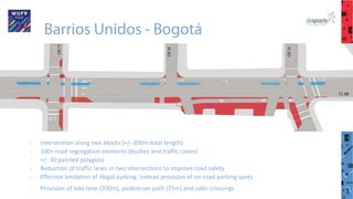 Barrios Unidos - Bogotá
- Intervention along two blocks (+/- 200m total length)
- 100+ road segregation elements (bushes and traffic cones)
- +/- 30 painted polygons
- Reduction of traffic lanes in two intersections to improve road safety
- Effective limitation of illegal parking, instead provision of on-road parking spots
- Provision of bike lane (200m), pedestrian path (75m) and safer crossings
 