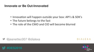 Recuerda nuestro hashtag!
#DES2016
•  Innova0on	will	happen	outside	your	box:	API’s	&	SDK’s	
•  The	future	belongs	to	the	...