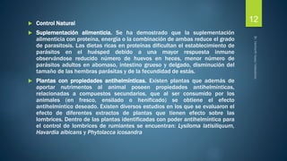  Control Natural 
 Suplementación alimenticia. Se ha demostrado que la suplementación 
alimenticia con proteína, energía o la combinación de ambas reduce el grado 
de parasitosis. Las dietas ricas en proteínas dificultan el establecimiento de 
parásitos en el huésped debido a una mayor respuesta inmune 
observándose reducido número de huevos en heces, menor número de 
parásitos adultos en abomaso, intestino grueso y delgado, disminución del 
tamaño de las hembras parásitas y de la fecundidad de estás. 
 Plantas con propiedades antihelmínticas. Existen plantas que además de 
aportar nutrimentos al animal poseen propiedades antihelmínticas, 
relacionadas a compuestos secundarios, que al ser consumido por los 
animales (en fresco, ensilado o henificado) se obtiene el efecto 
antihelmintico deseado. Existen diversos estudios en los que se evaluaron el 
efecto de diferentes extractos de plantas que tienen efecto sobre las 
lombrices. Dentro de las plantas identificadas con poder antihelmíntica para 
el control de lombrices de rumiantes se encuentran: Lysiloma latisiliquum, 
Havardia albicans y Phytolacca icosandra 
12 
 