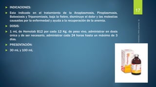  INDICACIONES: 
 Esta indicado en el tratamiento de la Anaplasmosis, Piroplasmosis, 
Babesiosis y Tripanomiasis, baja la fiebre, disminuye el dolor y las molestias 
causadas por la enfermedad y ayuda a la recuperación de la anemia. 
 DOSIS: 
 1 mL de Hemolab B12 por cada 12 Kg. de peso vivo, administrar en dosis 
única y de ser necesario, administrar cada 24 horas hasta un máximo de 3 
días. 
 PRESENTACIÓN: 
 30 mL y 100 mL 
17 
 