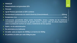  PANACUR 
 Desparasitante oral granulado 22% 
 Fórmula: 
 1g de Panacur granulado al 22% contiene 
 Fembendazol [carbamato de metil-5-(fenil-tio)-2-bencimidazol]…………....................…220mg 
 Excipientes c.b.p ..…………………………………………………………………………………………………….1.0g 
 Indicaciones: parasiticida eficaz contra huevecillos, larvas y adultos de las lombrices 
(nematodos) gastrointestinales de ganado bovino y equino. Libre de efecto deprimente 
sobre la producción lechera en vacas y rendimiento de los equinos. 
 Dosis y vía de administración: 
 Se administra en el alimento 
 Un sobre para un equino de 300Kg o un bovino de 450Kg 
 En potrillos un sobre por cada 50Kg de peso 
23 
 