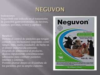 Indicaciones
Neguvón® está indicado en el tratamiento
de parásitos gastrointestinales: de bovinos,
equinos, porcinos, ovinos y caprinos
Beneficio
Permite el control de parásitos que tengan
contacto con los humores corporales como
sangre, linfa, suero, exudados. de hecho es
el primer endectocida conocido.
Después de administrar el producto,
alcanza rápidamente concentraciones
adecuadas para combatir parásitos
internos y externos.
Permite ahorrar dinero en el combate de
los parásitos, por su amplio espectro.
 