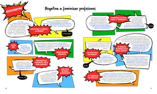 Negativa a feminizar profesiones
Negativa a feminizar profesiones
18 19
¿Por qué?
¿Crees que da más prestigio?
Ajaaa. Ahora dale la vuelta y aplícalo
a profesiones feminizadas:
‘el mariscadora’, ‘el secretaria’
o ‘el matrona’. Suena ridículo,
¿no? Ya… Sin problema se creó:
‘el enfermero’, ‘el mariscador’, ‘el
matrón’… ¿Por qué no al revés?
Mmm, tarjetas de visita o currículums donde ellas se
dicen: arquitecto, ingeniero… ¿Lo masculino es lo serio/
profesional? ¿Sentimiento de inferioridad? Nombrarse
en masculino estigmatiza y
encubre lo femenino.
Pero si nos
acostumbramos
en nada a nuevas
palabras: selfie, random,
instagramer...
¿Cuántas
mujeres decían eso
cuando no tenían derecho
ni al voto, educación…? Ver/
sentir la discriminación en
el lenguaje es cuestión de
conciencia de género.
No diremos “juezo” igual
que no decimos “andaluzo”
(el andaluz, la andaluza, el
juez, la jueza). El problema no
es el término, el problema es que
las andaluzas han existido siempre
y las juezas han tenido posibilidad de
existir solo recientemente.
No se reivindica decir
"periodisto" pero
bien que aceptó la
RAE sin problemas
"modisto" cuando dijeron que
no querían ser "los modistas" ¿Les
sonaba mal y con menos prestigio?
Esto es como censurar a quien usa
su hacha para derribar una puerta y salvar a
una víctima entre llamas. ¿Qué importa la integridad
de la puerta si se trata de rescatar! ¿Qué importa
innovar/probar con la lengua si se
trata de una lucha justa! A veces
se fuerzan palabras o crean
neologismos para lograr una
conciencia general que a su
vez consiga un cambio.
Además, casi siempre el feminismo “usa
la llave” en la lengua sin derribar “el
sistema con el hacha“. ¿Era incorrecto
decir abogada antes de que la RAE la
admitiese? No. Las escasas abogadas
que iban saliendo de las universidades
querían nombrarse en femenino.
Otra excusa: argumentar que coinciden
con la disciplina o sustantivos: soy
informática, mecánica, música, crítica,
química…
Curiosamente
en sentido inverso ni
se menciona: Soy Manolo,
soy frutero, estadístico, joyero,
zapatero, sereno, cajero…
¿Presidenta no, pero
asistenta, sirvienta, clienta,
dependienta... sí? ¿Solo se
argumenta la invariabilidad
con presidenta, gerenta...?
habla de una lengua “muerta”. No hay nada más
inherente a la lengua que el cambio. Si no ¡hablaríamos
latín! Las lenguas están vivas, porque están ahí para
evolucionar a la par que la sociedad. Y esto ha sido así
siempre. La primera vez que fuimos a la luna, no íbamos
a decir “aterrizar”, y se creó la palabra “alunizar”.
SE INVENTAN
PALABRAS! QUE SI
PILOTA, GERENTA…
PUES YO DIGO ‘LA MÉDICO’,
’LA ABOGADO’
NIEVES PALACIOS.
ARQUITECTO
¡SUENA
MAL!
PUES YO NO
ME SIENTO
DISCRIMINADA
¡TENDREMOS QUE DECIR
“JUEZO” O ”PERIODISTO”!
¡PRESIDENTA NO,
PRESIDENTE, QUE ES
COMO CANTANTE!
El “SIEMPRE SE
HA DICHO ASÍ”
¡ES raro DECIR
“SOY MÚSICA”!
Curiosidad: en profesiones
como azafata, limpiadora, enfermera,
cocinera... o se ha generalizado usar el masculino
o se han inventado términos:"auxiliar de
vuelo", "personal de limpieza"... Puaaag
¡Uuuf!
RESISTÓMETRO
¡O Chef (jefe)!
¿Curioso, no?
 