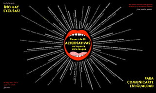 P
R
O
C
U
R
A
R
U
T
I
L
I
Z
A
R
E
L
F
E
M
E
N
I
N
O
P
L
U
R
A
L
“
M
U
J
E
R
E
S
”
E
l
8
M
:
D
í
a
I
n
t
e
r
n
a
c
i
o
n
a
l
d
e
l
a
s
M
u
j
e
r
e
s
EVITAR DISIMETRÍA
Se presentaron tres candidatos y dos mujeres / tres candidatos y dos candidatas
SUSTANTIVOS COLECTIVOS
Alumnado, profesorado, clase, grupo, juventud, adolescencia, infancia…
E
P
I
C
E
N
O
S
:
P
e
r
s
o
n
a
,
v
í
c
t
i
m
a
,
p
e
r
s
o
n
a
j
e
,
c
ó
n
y
u
g
e
,
b
e
b
é
,
s
e
r
…
P
E
R
ÍF
R
A
S
IS
:
B
ie
n
ve
n
id
o
s
/
O
s
d
a
m
o
s
la
b
ie
n
ve
n
id
a
S
U
S
T
A
N
T
I
V
O
S
A
B
S
T
R
A
C
T
O
S
D
i
r
e
c
c
i
ó
n
,
j
e
f
a
t
u
r
a
,
o
r
i
e
n
t
a
c
i
ó
n
,
s
e
c
r
e
t
a
r
í
a
,
c
o
o
r
d
i
n
a
c
i
ó
n
…
I
M
P
E
R
A
T
I
V
O
S
H
a
z
t
e
s
o
c
i
o
/
A
s
ó
c
i
a
t
e
P
A
S
IV
A
R
E
F
LE
JA
E
l
ju
e
z
d
e
ci
d
ir
á
/
S
e
d
e
ci
d
ir
á
ju
d
ic
ia
lm
e
n
te
P
A
S
I
V
A
P
E
R
I
F
R
Á
S
T
I
C
A
L
u
g
a
r
e
n
e
l
q
u
e
f
u
e
i
n
s
c
r
i
t
o
/
L
u
g
a
r
e
n
q
u
e
s
e
i
n
s
c
r
i
b
i
ó
L
a
s
“x
”,
la
s
“@
”,
lo
s
“=
”
lo
s
*…
P
a
ra
lla
m
a
r
la
a
te
n
ci
ó
n
y
cr
e
a
r
d
e
b
a
te
CO
RREG
IR
D
ISIM
ETRÍA
TAM
BIÉN
EN
LA
APO
SICIÓ
N
Las m
ujeres periodistas que
asistieron
/ Las periodistas que
asistieron
GERUNDIOS (formas no personales)
Si el alumno trabaja duro lo conseguirá / Trabajando duro lo conseguirá
F
O
R
M
A
S
P
E
R
S
O
N
A
L
E
S
D
E
V
E
R
B
O
S
E
l
i
n
t
e
r
e
s
a
d
o
d
e
b
e
m
a
r
c
a
r
X
/
M
a
r
q
u
e
X
…
EL socorrido COMODÍN DE “PERSONA” o “PERSONAL”
La persona interesada, personal docente, personas refugiadas...
E
L
U
D
I
R
P
A
R
T
I
C
I
P
I
O
S
Y
A
D
J
E
T
I
V
O
S
M
A
S
C
U
L
I
N
O
S
N
a
c
i
d
o
e
n
.
.
.
/
N
a
t
u
r
a
l
d
e
o
L
u
g
a
r
d
e
n
a
c
i
m
i
e
n
t
o
N
O
U
T
I
L
I
Z
A
R
“
H
O
M
B
R
E
”
C
O
M
O
G
E
N
É
R
I
C
O
“
L
a
s
e
d
a
d
e
s
d
e
l
s
e
r
h
u
m
a
n
o
”
SIM
PLIFICAR
REDACCIÓ
N
¡Atención! estación
en
curva
el viajero
tenga
cuidado
de
no
introducir el pie...
OMITIR DETERMINANTE ANTE FORMAS ÚNICAS
Los estudiantes que / Estudiantes que… Fui con unos colegas / Fui con colegas
PRONOMBRES SIN MARCA DE GÉNERO, RELATIVOS ÁTONOS (quien, quienes)
El que sepa leer entre líneas / Quien sepa leer entre líneas
INFINITIVOS
El usuario tendrá en cuenta / Es necesario tener en cuenta
B
A
R
R
A
S
(
p
a
r
a
e
n
c
a
b
e
z
a
d
o
s
,
i
m
p
r
e
s
o
s
y
f
o
r
m
u
l
a
r
i
o
s
)
D
o
n
/
D
ñ
a
M
O
R
F
E
M
A
–E
C
O
M
O
N
E
U
T
R
O
A
m
ig
u
e
s,
to
d
e
s,
a
lu
m
n
e
s…
APO
SICIO
N
ES
EXPLICATIVAS
(no
redundantes) PARA
VISIBILIZAR
Se
contratará
a
especialistas, hom
bres y m
ujeres, para…
E
V
I
T
A
R
D
U
A
L
E
S
A
P
A
R
E
N
T
E
S
¡
P
e
r
o
q
u
é
z
o
r
r
o
e
r
e
s
!
¡
P
e
r
o
q
u
é
z
o
r
r
a
e
r
e
s
!
GIROS Y CONSTRUCCIONES METONÍMICAS
Los médicos / El equipo médico
E
V
I
T
A
R
A
S
I
M
E
T
R
Í
A
T
R
A
T
A
M
I
E
N
T
O
S
:
L
l
e
g
ó
e
l
s
e
ñ
o
r
P
é
r
e
z
y
l
a
s
e
ñ
o
r
i
t
a
P
i
l
i
.
.
.
F
E
M
I
N
I
Z
A
R
O
F
I
C
I
O
S
,
P
R
O
F
E
S
I
O
N
E
S
Y
C
A
R
G
O
S
M
é
d
i
c
a
,
a
b
o
g
a
d
a
,
c
o
n
c
e
j
a
l
a
,
j
u
e
z
a
,
e
d
i
l
a
.
.
.
CORREGIR EL SALTO SEMÁNTICO
Los europeos consumen exceso de alcohol y las mujeres de tabaco
EVIDENCIAR VACÍOS LÉXICOS
Caballerosidad, hidalguía, hombría frente a arpía, víbora, lagarta, maruja
NOMBRAR EN MASCULINO
Y FEMENINO
por orden alfabético o alternando
¿Por qué masculino siempre primero?
CUESTIO
N
AR
CHISTES, REFRAN
ES
Y
FRASES
HECH
AS
SEXISTAS
“M
ujer tenías que
ser”, “todos los hom
bres son
iguales”
Tienes +de 30
ALTERNATIVAS
en la punta
de la lengua
DETERMINANTES SIN MARCA DE GÉNERO (cada, cualquier)
Los solicitantes deberán / Cada solicitante deberá
Con tanta opción
Hay tantas soluciones como personas
decididas a no discriminar al hablar
De estas, solo 2 “no le
gustan” a la RAE
!
NO HAY
EXCUSAS!
PARA
COMUNICARTE
EN IGUALDAD
¡Búscalas!
¡Crea, inventa, prueba!
 