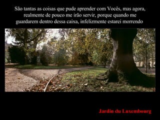 São tantas as coisas que pude aprender com Vocês, mas agora, realmente de pouco me irão servir, porque quando me guardarem dentro dessa caixa, infelizmente estarei morrendo . Jardin du Luxembourg 