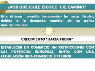 ¿POR QUÉ CHILE ESCOGE ESE CAMINO?

Este sistema permite incrementar las arcas fiscales,
debido a la demanda mundial de las países
industrializados


           CRECIMIENTO “HACIA FUERA”

ESTABLECER UN COMERCIO SIN RESTRICCIONES CON
LAS POTENCIAS EUROPEAS, JUNTO CON UNA
LEGISLACIÓN PRO-COMERCIO EXTERIOR
 
