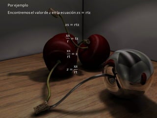 Por ejemploEncontremos el valor de z en la ecuación xs=rtzxs=rtzxsr=tzxsrt=zz=xsrt