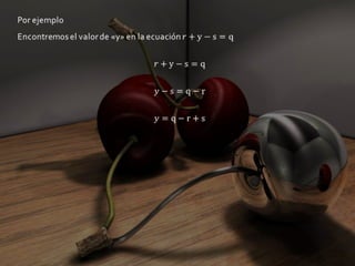 Por ejemploEncontremos el valor de «y» en la ecuación r+y−s=qr+y−s=qy−s=q−ry=q−r+s