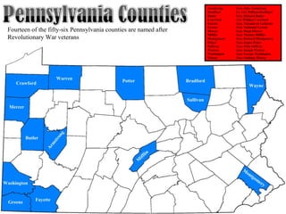 Crawford
Warren
Potter
Mercer
Butler
Greene
Washington
Fayette
M
ifflin
Arm
strong
M
ontgomery
Bradford
Wayne
Sullivan
Armstrong Gen. John Armstrong
Bradford Lt. Col. William Bradford
Butler Gen. Richard Butler
Crawford Col. William Crawford
Fayette Gen. Marquis de Lafayette
Greene Gen. Nathaniel Greene
Mercer Gen. Hugh Mercer
Mifflin Gen. Thomas Mifflin
Montgomery Gen. Richard Montgomery
Potter Gen. James Potter
Sullivan Gen. John Sullivan
Warren Gen. Joseph Warren
Washington Gen. George Washington
Wayne Gen. Anthony Wayne
Fourteen of the fifty-six Pennsylvania counties are named after
Revolutionary War veterans
 