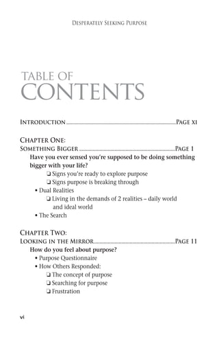 table of contents 
vi 
Desperately Seeking Purpose 
Introduction................................................................................Page xi 
Chapter One: 
Something Bigger ......................................................................Page 1 
Have you ever sensed you’re supposed to be doing something 
bigger with your life? 
 Signs you’re ready to explore purpose 
 Signs purpose is breaking through 
• Dual Realities 
 Living in the demands of 2 realities – daily world 
and ideal world 
• The Search 
Chapter Two: 
Looking in the Mirror...........................................................Page 11 
How do you feel about purpose? 
• Purpose Questionnaire 
• How Others Responded: 
 The concept of purpose 
 Searching for purpose 
 Frustration 
 