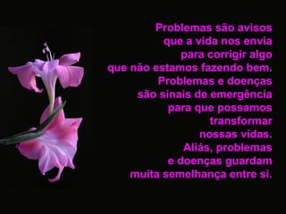 Problemas são avisos  que a vida nos envia  para corrigir algo  que não estamos fazendo bem.  Problemas e doenças  são sinais de emergência  para que possamos  transformar  nossas vidas.  Aliás, problemas  e doenças guardam  muita semelhança entre si.   
