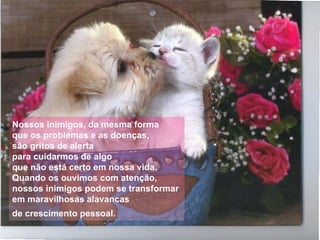 Nossos inimigos, da mesma forma  que os problemas e as doenças,  são gritos de alerta  para cuidarmos de algo  que não está certo em nossa vida.  Quando os ouvimos com atenção,  nossos inimigos podem se transformar  em maravilhosas alavancas  de crescimento pessoal.   