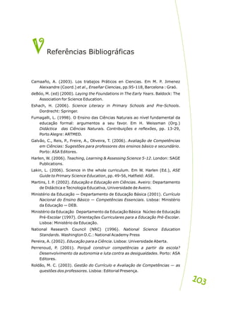 V
VReferênc as Bibliográficas
i
Camaaño, A. (2003). Los trabajos Práticos en Ciencias. Em M. P. Jimenez
Aleixandre (Coord.) et al., Enseñar Ciencias, pp.95-118, Barcelona : Graó.
deBóo, M. (ed) (2000). Laying the Foundations in The Early Years. Baldock: The
Association for Science Education.
Eshach, H. (2006). Science Literacy in Primary Schools and Pre-Schools.
Dordrecht: Springer.
Fumagalli, L. (1998). O Ensino das Ciências Naturais ao nível fundamental da
educação formal: argumentos a seu favor. Em H. Weissman (Org.)
Didáctica das Ciências Naturais. Contribuições e reflexões, pp. 13-29,
Porto Alegre: ARTMED.
Galvão, C., Reis, P., Freire, A., Oliveira, T. (2006). Avaliação de Competências
em Ciências: Sugestões para professores dos ensinos básico e secundário.
Porto: ASA Editores.
Harlen, W. (2006). Teaching, Learning & Assessing Science 5-12. London: SAGE
Publications.
Lakin, L. (2006). Science in the whole curriculum. Em W. Harlen (Ed.), ASE
Guide to Primary Science Education, pp. 49-56, Hatfield: ASE.
Martins, I. P. (2002). Educação e Educação em Ciências. Aveiro: Departamento
de Didáctica e Tecnologia Educativa, Universidade de Aveiro.
Ministério da Educação — Departamento de Educação Básica (2001). Currículo
Nacional do Ensino Básico — Competências Essenciais. Lisboa: Ministério
da Educação — DEB.
Ministério da Educação Departamento da Educação Básica Núcleo de Educação
Pré-Escolar (1997). Orientações Curriculares para a Educação Pré-Escolar.
Lisboa: Ministério da Educação.
National Research Council (NRC) (1996). National Science Education
Standards. Washington D.C.: National Academy Press
Pereira, A. (2002). Educação para a Ciência. Lisboa: Universidade Aberta.
Perrenoud, P. (2001). Porquê construir competências a partir da escola?
Desenvolvimento da autonomia e luta contra as desigualdades. Porto: ASA
Editores.
Roldão, M. C. (2003). Gestão do Currículo e Avaliação de Competências — as
questões dos professores. Lisboa: Editorial Presença.
103
103
 