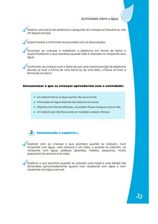 Mostrar uma barra de plasticina e perguntar às crianças se flutuará ou não
em água e porquê.
Experimentar e confrontar as previsões com as observações.
Encorajar as crianças a moldarem a plasticina em forma de barco e
experimentarem o que acontece quando este é colocado no recipiente com
água.
Confrontar as crianças com o facto de que uma mesma porção de plasticina
afunda se tiver a forma de uma barra ou de uma bola, e flutua se tiver a
forma de um barco.
Explorar com as crianças o que acontece quando se colocam, num
recipiente com água, uma cenoura e um nabo, e quando se colocam, no
recipiente com água, pedaços (grandes, médios, pequenos, muito
pequenos) da cenoura e do nabo.
Explorar o que acontece quando se colocam uma maçã e uma batata (de
dimensões aproximadamente iguais) num recipiente com água e num
recipiente com água com sal.
Um objecto flutua na água quando não vai ao fundo.
A flutuação em água depende dos objectos em causa.
Objectos com formas idênticas, uns podem flutuar na água e outros não.
Um objecto que não flutua pode ser moldado e passar a flutuar.
3 C t nu n o pl ar ..
on i a d a ex or .
t a r
Sis em tizar o que as c ianças aprenderam com a actividade:
Actividades sobre a Água
33
33
 
