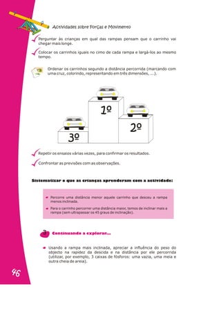 Sistematizar o que as crianças aprenderam com a activid de:
a
Percorre uma distância menor aquele carrinho que desceu a rampa
menos inclinada.
Para o carrinho percorrer uma distância maior, temos de inclinar mais a
rampa (sem ultrapassar os 45 graus de inclinação).
Usando a rampa mais inclinada, apreciar a influência do peso do
objecto na rapidez da descida e na distância por ele percorrida
(utilizar, por exemplo, 3 caixas de fósforos: uma vazia, uma meia e
outra cheia de areia).
3 C t nu n o pl ar ..
on i a d a ex or .
Perguntar às crianças em qual das rampas pensam que o carrinho vai
chegar mais longe.
Colocar os carrinhos iguais no cimo de cada rampa e largá-los ao mesmo
tempo.
Ordenar os carrinhos segundo a distância percorrida (marcando com
uma cruz, colorindo, representando em três dimensões, ...).
Repetir os ensaios várias vezes, para confirmar os resultados.
Confrontar as previsões com as observações.
Actividades sobre Forças e Movimento
1º
2º
3º
46
46
 