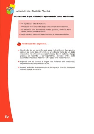 S te at o ue a ri n s a r n r iv d d :
is m izar q s c a ça p e de am com a act i a e
Os objectos são feitos de materiais.
Um objecto pode ser constituído por um ou mais materiais distintos.
Há diferentes tipos de materiais: metais, plásticos, madeiras, fibras
têxteis, papeis, vidros e cerâmicos,…
Objectos para o mesmo fim podem ser feitos de diferentes materiais.
Construção de um dominó: cada peça é dividida em duas partes,
colando-se numa das extremidades um objecto (feito de um dado
material) e na outra um quadrado/amostra de um material. O jogo
processa-se fazendo a correspondência correcta entre cada
quadrado/amostra de material e um objecto feito desse material.
Explorar com as crianças a origem dos materiais em apreciação:
origem natural ou origem não natural.
Para os materiais de origem natural distinguir os que são de origem
animal, vegetal ou mineral.
3 t u n l ar ..
Con in a do a exp or .
Actividades sobre Objectos e Materiais
64
64
 
