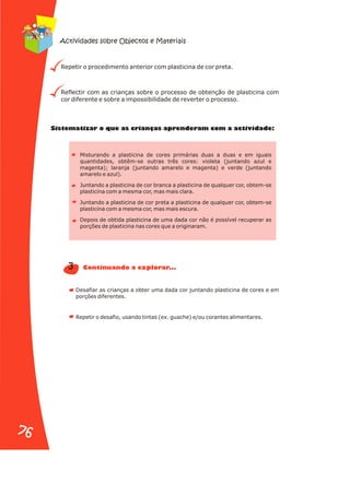 Repetir o procedimento anterior com plasticina de cor preta.
Reflectir com as crianças sobre o processo de obtenção de plasticina com
cor diferente e sobre a impossibilidade de reverter o processo.
S ste at za o ue as ri n s apr n era m a a ivid d :
i m i r q c a ça e d m co ct a e
Misturando a plasticina de cores primárias duas a duas e em iguais
quantidades, obtêm-se outras três cores: violeta (juntando azul e
magenta); laranja (juntando amarelo e magenta) e verde (juntando
amarelo e azul).
Juntando a plasticina de cor branca a plasticina de qualquer cor, obtem-se
plasticina com a mesma cor, mas mais clara.
Juntando a plasticina de cor preta a plasticina de qualquer cor, obtem-se
plasticina com a mesma cor, mas mais escura.
Depois de obtida plasticina de uma dada cor não é possível recuperar as
porções de plasticina nas cores que a originaram.
Desafiar as crianças a obter uma dada cor juntando plasticina de cores e em
porções diferentes.
Repetir o desafio, usando tintas (ex. guache) e/ou corantes alimentares.
3 C t nu n o pl rar ..
on i a d a ex o .
Actividades sobre Objectos e Materiais
76
76
 