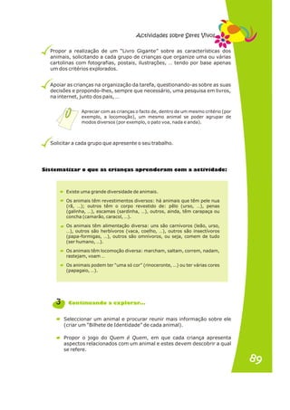 Propor a realização de um “Livro Gigante” sobre as características dos
animais, solicitando a cada grupo de crianças que organize uma ou várias
cartolinas com fotografias, postais, ilustrações, … tendo por base apenas
um dos critérios explorados.
Apoiar as crianças na organização da tarefa, questionando-as sobre as suas
decisões e propondo-lhes, sempre que necessário, uma pesquisa em livros,
na internet, junto dos pais, …
Solicitar a cada grupo que apresente o seu trabalho.
Apreciar com as crianças o facto de, dentro de um mesmo critério (por
exemplo, a locomoção), um mesmo animal se poder agrupar de
modos diversos (por exemplo, o pato voa, nada e anda).
te a o e ri n s a r n r iv d d :
Sis m tizar qu as c a ça p e de am com a act i a e
Existe uma grande diversidade de animais.
Os animais têm revestimentos diversos: há animais que têm pele nua
(rã, …); outros têm o corpo revestido de: pêlo (urso, …), penas
(galinha, …), escamas (sardinha, …), outros, ainda, têm carapaça ou
concha (camarão, caracol, …).
Os animais têm alimentação diversa: uns são carnívoros (leão, urso,
…), outros são herbívoros (vaca, coelho, …), outros são insectívoros
(papa-formigas, …), outros são omnívoros, ou seja, comem de tudo
(ser humano, …).
Os animais têm locomoção diversa: marcham, saltam, correm, nadam,
rastejam, voam …
Os animais podem ter “uma só cor” (rinoceronte, …) ou ter várias cores
(papagaio, …).
Seleccionar um animal e procurar reunir mais informação sobre ele
(criar um “Bilhete de Identidade” de cada animal).
Propor o jogo do Quem é Quem, em que cada criança apresenta
aspectos relacionados com um animal e estes devem descobrir a qual
se refere.
3 C ntinu ndo xpl rar ..
o a a e o .
Actividades sobre Seres Vivos
89
89
 