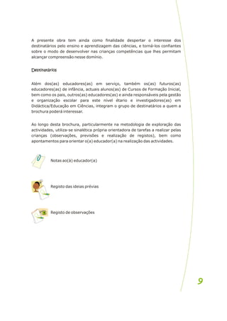 A presente obra tem ainda como finalidade despertar o interesse dos
destinatários pelo ensino e aprendizagem das ciências, e torná-los confiantes
sobre o modo de desenvolver nas crianças competências que lhes permitam
alcançar compreensão nesse domínio.
Destinatários
Além dos(as) educadores(as) em serviço, também os(as) futuros(as)
educadores(as) de infância, actuais alunos(as) de Cursos de Formação Inicial,
bem como os pais, outros(as) educadores(as) e ainda responsáveis pela gestão
e organização escolar para este nível étario e investigadores(as) em
Didáctica/Educação em Ciências, integram o grupo de destinatários a quem a
brochura poderá interessar.
Ao longo desta brochura, particularmente na metodologia de exploração das
actividades, utiliza-se sinalética própria orientadora de tarefas a realizar pelas
crianças (observações, previsões e realização de registos), bem como
apontamentos para orientar o(a) educador(a) na realização das actividades.
Notas ao(à) educador(a)
Registo das ideias prévias
Registo de observações
Destinatários
A presente obra tem ainda como finalidade despertar o interesse dos
destinatários pelo ensino e aprendizagem das ciências, e torná-los confiantes
sobre o modo de desenvolver nas crianças competências que lhes permitam
alcançar compreensão nesse domínio.
Destinatários
Além dos(as) educadores(as) em serviço, também os(as) futuros(as)
educadores(as) de infância, actuais alunos(as) de Cursos de Formação Inicial,
bem como os pais, outros(as) educadores(as) e ainda responsáveis pela gestão
e organização escolar para este nível étario e investigadores(as) em
Didáctica/Educação em Ciências, integram o grupo de destinatários a quem a
brochura poderá interessar.
Ao longo desta brochura, particularmente na metodologia de exploração das
actividades, utiliza-se sinalética própria orientadora de tarefas a realizar pelas
crianças (observações, previsões e realização de registos), bem como
apontamentos para orientar o(a) educador(a) na realização das actividades.
Notas ao(à) educador(a)
Registo das ideias prévias
Registo de observações
Destinatários
9
9
 