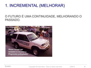 O FUTURO É UMA CONTINUIDADE, MELHORANDO O 
PASSADO. 
Copyright© 2014 Symnetics – Todos os direitos reservados 
23/09/14 21 
1. INCREMENTAL (MELHORAR) 
 