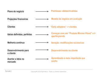 Premissas válidas/inválidas 
Modelo de negócio em evolução 
“Early adopters” -> clientes 
Copyright© 2014 Symnetics – Todos os direitos reservados 
Plano de negócio 
Projeções financeiras 
Clientes 
Ideias definidos, perfeitas Começar com um “Produto Mínimo Viável” e ir 
aperfeiçoando 
Melhoria contínua Iteração: modificações sucessivas 
Desenvolvimento para 
o cliente 
Desenvolvimento no cliente 
Acertar a ideia no 
mercado 
Aprendizado é mais importante que 
acerto 
 