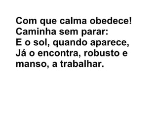 Com que calma obedece! Caminha sem parar: E o sol, quando aparece, Já o encontra, robusto e manso, a trabalhar.  