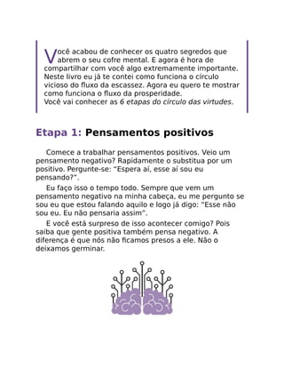 Você acabou de conhecer os quatro segredos que
abrem o seu cofre mental. E agora é hora de
compartilhar com você algo extremamente importante.
Neste livro eu já te contei como funciona o círculo
vicioso do ﬂuxo da escassez. Agora eu quero te mostrar
como funciona o ﬂuxo da prosperidade.
Você vai conhecer as 6 etapas do círculo das virtudes.
Etapa 1: Pensamentos positivos
Comece a trabalhar pensamentos positivos. Veio um
pensamento negativo? Rapidamente o substitua por um
positivo. Pergunte-se: “Espera aí, esse aí sou eu
pensando?”.
Eu faço isso o tempo todo. Sempre que vem um
pensamento negativo na minha cabeça, eu me pergunto se
sou eu que estou falando aquilo e logo já digo: “Esse não
sou eu. Eu não pensaria assim”.
E você está surpreso de isso acontecer comigo? Pois
saiba que gente positiva também pensa negativo. A
diferença é que nós não ﬁcamos presos a ele. Não o
deixamos germinar.
 
