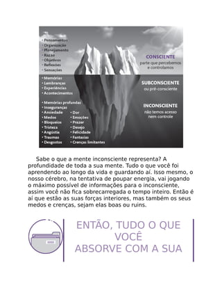 Sabe o que a mente inconsciente representa? A
profundidade de toda a sua mente. Tudo o que você foi
aprendendo ao longo da vida e guardando aí. Isso mesmo, o
nosso cérebro, na tentativa de poupar energia, vai jogando
o máximo possível de informações para o inconsciente,
assim você não ﬁca sobrecarregada o tempo inteiro. Então é
aí que estão as suas forças interiores, mas também os seus
medos e crenças, sejam elas boas ou ruins.
ENTÃO, TUDO O QUE
VOCÊ
ABSORVE COM A SUA
 