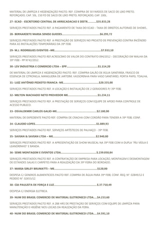 MATERIAL DE LIMPEZA E HIGIENIZAÇÃO PAGTO. REF. COMPRA DE 50 FARDOS DE SACO DE LIXO PRETO,
REFORÇADO, CAP. 50L. 150 FD DE SACO DE LIXO PRETO, REFORÇADO, CAP. 100L.

27- ECAD - ESCRITORIO CENTRAL DE ARRECADACAO E DISTR............$35.833,28

SERVIÇOS PRESTADOS PAGTO REF. A PAGAMENTO DE TAXA DO ECAD - TAXA DE DIREITOS AUTORAIS DE SHOWS..

28- BERNARDETE MARIA SENISE GUEDES....................................................$6.295,72

SERVIÇOS PRESTADOS PAGTO REF. A PRESTAÇÃO DE SERVIÇOS NO PROJETO DE PREVENÇÃO CONTRA INCÊNDIO
PARA AS INSTALAÇÕES TEMPORÁRIAS DA 39ª FEBI.

29- M.J. RODRIGUES EVENTOS –ME................................................................$7.933,10

SERVIÇOS PRESTADOS PAGTO REF.ACRESCIMO DE VALOR DO CONTRATO 094/2012 - DECORAÇÃO EM MALHA DA
39ª FEBI - PP N°42/2012.

30- LSV INDUSTRIA E COMERCIO LTDA – EPP...........................................$1.114,20

DE MATERIAL DE LIMPEZA E HIGIENIZAÇÃO PAGTO. REF. COMPRA GALÃO DE ÁGUA SANITÁRIA, FRASCO DE
ESSENCIA DE CITRONELA, MANGUEIRA DE JARTDIM, VASSORINHA PARA VASO SANITÁRIO, PORTA PAPEL TOALHA,

31- LUIZ ANTÔNIO PEIXOTO FRANCA- ME.................................................$20.335,00

SERVIÇOS PRESTADOS PAGTO REF. A LOCAÇÃO E INSTALAÇÃO DE 2 GERADORES P/ 39ª FEBI.

32- MILTON MACHADO NETO PROVEDOR ME.........................................$1.234,11

SERVIÇOS PRESTADOS PAGTO REF. A PRESTAÇÃO DE SERVIÇOS COM EQUIPE DE APOIO PARA CONTROLE DE
ACESSO PUBLICO.

33- OSVALDEMIR CARLOS GALIO-ME.......................................................$2.180,00

MATERIAL DE EXPEDIENTE PAGTO REF. COMPRA DE CRACHA COM CORDÃO PARA TENDER A 39ª FEBI, CONF.

34- CLAUDIO LOPES....................................................................................$1.889,93

SERVIÇOS PRESTADOS PAGTO REF. SERVIÇOS ARTÍSTICOS DE PALHAÇO - 39ª FEBI.

35- SAVIAN & SAVIAN LTDA – ME...........................................................$2.940,00

SERVIÇOS PRESTADOS PAGTO REF. A APRESENTAÇÃO DE SHOW MUSICAL NA 39ª FEBI COM A DUPLA "PIU VIOLA E
LEANDRINHO" E BANDA.

36- SEME MONTAGEM E EVENTOS LTDA.................................................$.239.050,84

SERVIÇOS PRESTADOS PAGTO REF. A CONTRATAÇÃO DE EMPRESA PARA LOCAÇÃO, MONTAGEM E DESMONTAGEM
DE ESTANDES SALAS E CARPETES PARA A REALIZAÇÃO DA 39ª FEIRA DO BORDADO.

37- MARIA SIRLEY BRUMATTI – ME...........................................................$120,00

DESPESA C/ GENEROS ALIMENTICIOS PAGTO REF. COMPRA DE ÁGUA PARA 39ª FEBI, CONF. REQ. N°. 02849/12 E
PEDIDO N°. 02653/12.

38- CIA PAULISTA DE FORÇA E LUZ...........................................................$.37.710,49

DESPESA C/ ENERGIA ELETRICA.

39- NUM DO BRASIL COMERCIO DE MATERIAL ELETRONICO LTDA.....$4.233,60

SERVIÇOS PRESTADOS PAGTO REF. A 288 HRS DE PRESTAÇÃO DE SERVIÇOS COM EQUIPE DE LIMPEZA PARA
MANUTENÇÃO E HIGIÊNE NOS LOCAIS DA REALIZAÇÃO DA FEIRA.

40- NUM DO BRASIL COMERCIO DE MATERIAL ELETRONICO LTDA.....$4.591,10
 