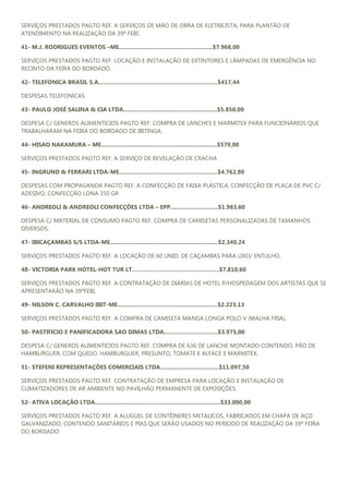 SERVIÇOS PRESTADOS PAGTO REF. A SERVIÇOS DE MÃO DE OBRA DE ELETRICISTA, PARA PLANTÃO DE
ATENDIMENTO NA REALIZAÇÃO DA 39ª FEBI.

41- M.J. RODRIGUES EVENTOS –ME...........................................................$7.968,00

SERVIÇOS PRESTADOS PAGTO REF. LOCAÇÃO E INSTALAÇÃO DE EXTINTORES E LÂMPADAS DE EMERGÊNCIA NO
RECINTO DA FEIRA DO BORDADO.

42- TELEFONICA BRASIL S.A...........................................................................$417,44

DESPESAS TELEFONICAS

43- PAULO JOSÉ SALINA & CIA LTDA...........................................................$5.850,00

DESPESA C/ GENEROS ALIMENTICIOS PAGTO REF. COMPRA DE LANCHES E MARMITEX PARA FUNCIONÁRIOS QUE
TRABALHARAM NA FEIRA DO BORDADO DE IBITINGA,

44- HISAO NAKAMURA – ME.........................................................................$579,00

SERVIÇOS PRESTADOS PAGTO REF. A SERVIÇO DE REVELAÇÃO DE CRACHA

45- INGRUND & FERRARI LTDA-ME..............................................................$4.762,80

DESPESAS COM PROPAGANDA PAGTO REF. A CONFECÇÃO DE FAIXA PLÁSTICA, CONFECÇÃO DE PLACA DE PVC C/
ADESIVO, CONFECÇÃO LONA 350 GR

46- ANDREOLI & ANDREOLI CONFECÇÕES LTDA – EPP..............................$1.983,60

DESPESA C/ MATERIAL DE CONSUMO PAGTO REF. COMPRA DE CAMISETAS PERSONALIZADAS DE TAMANHOS
DIVERSOS,

47- IBICAÇAMBAS S/S LTDA-ME....................................................................$2.340,24

SERVIÇOS PRESTADOS PAGTO REF. A LOCAÇÃO DE 60 UNID. DE CAÇAMBAS PARA LIXO/ ENTULHO.

48- VICTORIA PARK HOTEL-HOT TUR LT………………………………….………$7.810,60

SERVIÇOS PRESTADOS PAGTO REF. A CONTRATAÇÃO DE DIÁRIAS DE HOTEL P/HOSPEDAGEM DOS ARTISTAS QUE SE
APRESENTARÃO NA 39ªFEBI,

49- NILSON C. CARVALHO IBIT-ME...............................................................$2.223,13

SERVIÇOS PRESTADOS PAGTO REF. A COMPRA DE CAMISETA MANGA LONGA POLO V (MALHA FRIA),

50- PASTIFICIO E PANIFICADORA SAO DIMAS LTDA..................................$3.975,00

DESPESA C/ GENEROS ALIMENTICIOS PAGTO REF. COMPRA DE 636 DE LANCHE MONTADO CONTENDO, PÃO DE
HAMBURGUER, COM QUEIJO, HAMBURGUER, PRESUNTO, TOMATE E ALFACE E MARMITEX.

51- STEFENI REPRESENTAÇÕES COMERCIAIS LTDA.....................................$11.097,50

SERVIÇOS PRESTADOS PAGTO REF. CONTRATAÇÃO DE EMPRESA PARA LOCAÇÃO E INSTALAÇÃO DE
CLIMATIZADORES DE AR AMBIENTE NO PAVILHÃO PERMANENTE DE EXPOSIÇÕES.

52- ATIVA LOCAÇÃO LTDA...............................................................................$33.000,00

SERVIÇOS PRESTADOS PAGTO REF. A ALUGUEL DE CONTÊINERES METALICOS, FABRICADOS EM CHAPA DE AÇO
GALVANIZADO, CONTENDO SANITÁRIOS E PIAS QUE SERÃO USADOS NO PERIODO DE REALIZAÇÃO DA 39ª FEIRA
DO BORDADO
 